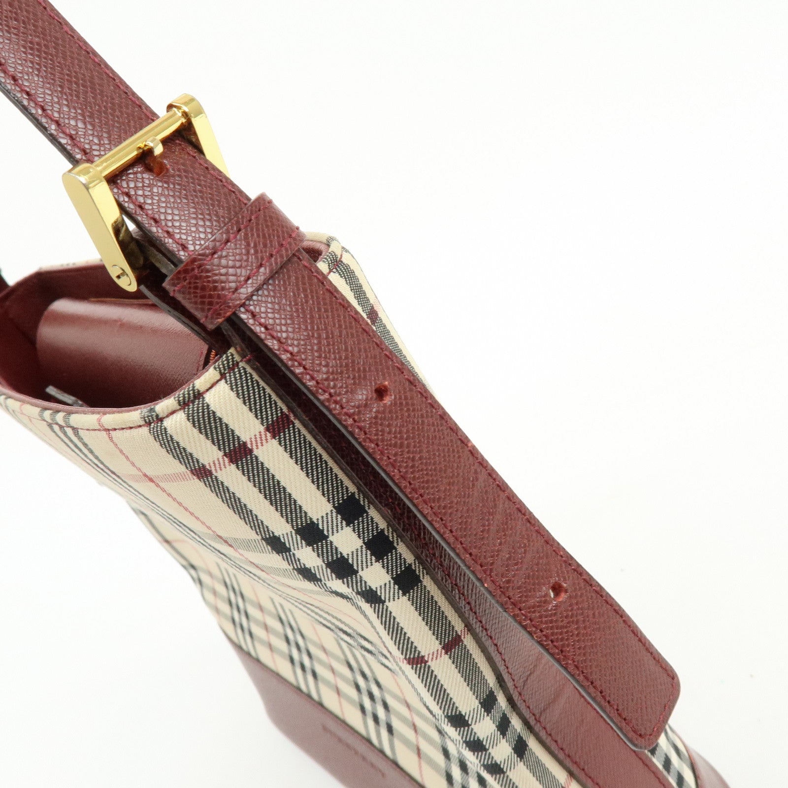 BURBERRY Nova Plaid Canvas Leather Shoulder Bag Hand Bag Beige Bordeaux