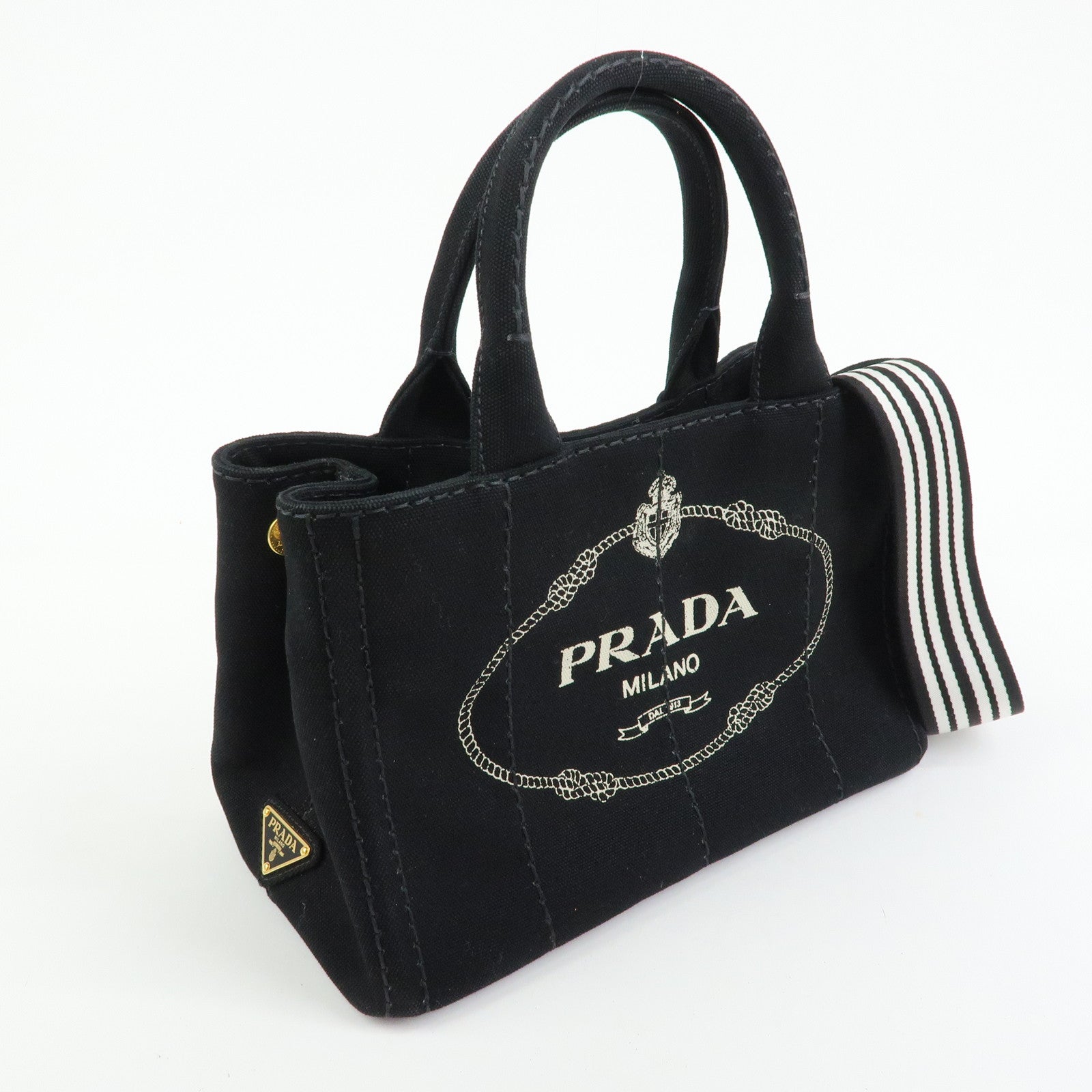 PRADA Triangle Logo Canapa Mini Canvas 2Way Hand Bag Black White 1BG439