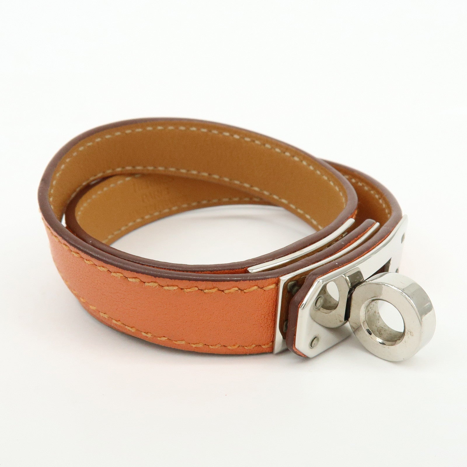 HERMES Kelly Double Tour Leather Bangle Bracelet ☐P Stamped Orange