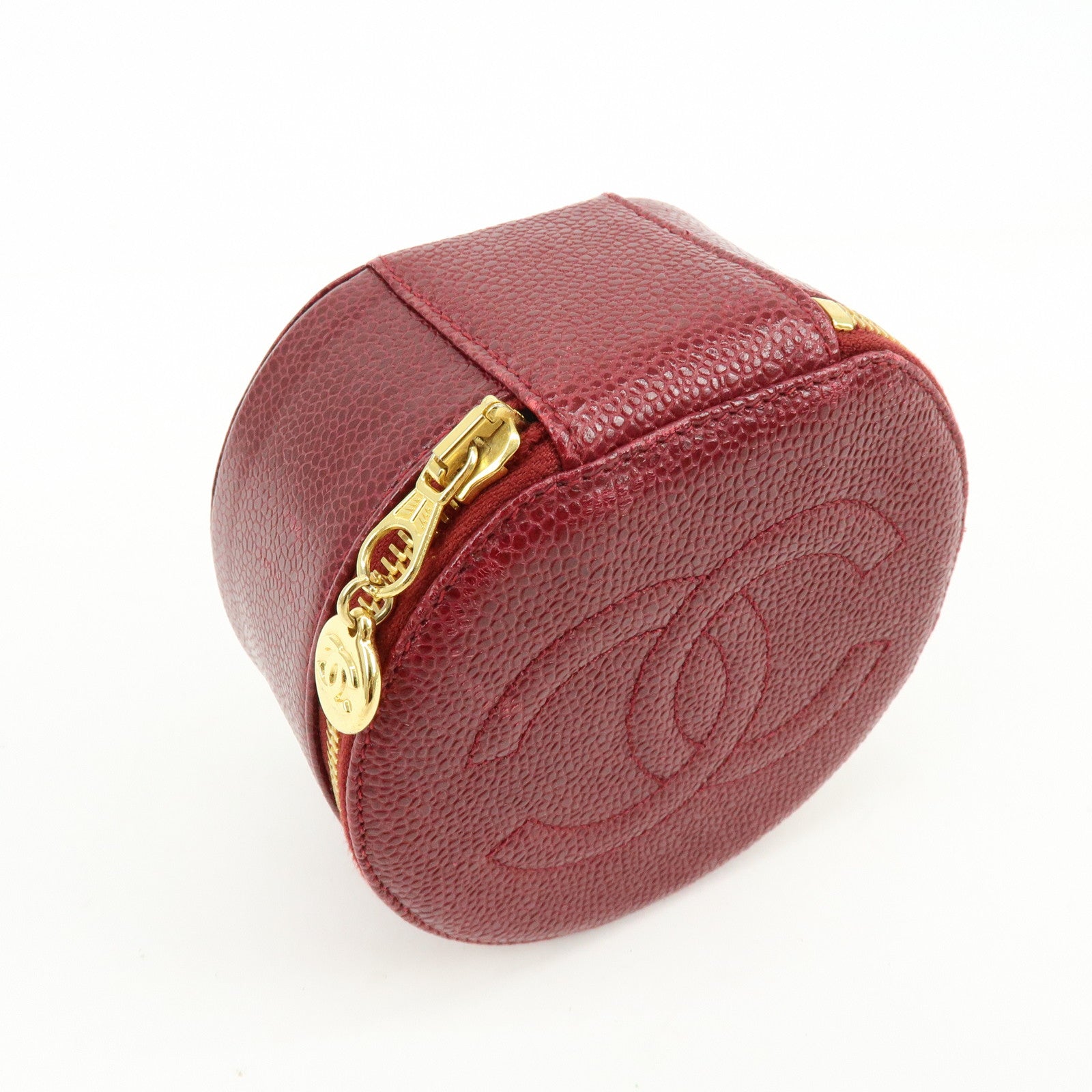 CHANEL COCO Mark Caviarskin Cosmetic Pouch Jewelry Case Bourdeaux Gold