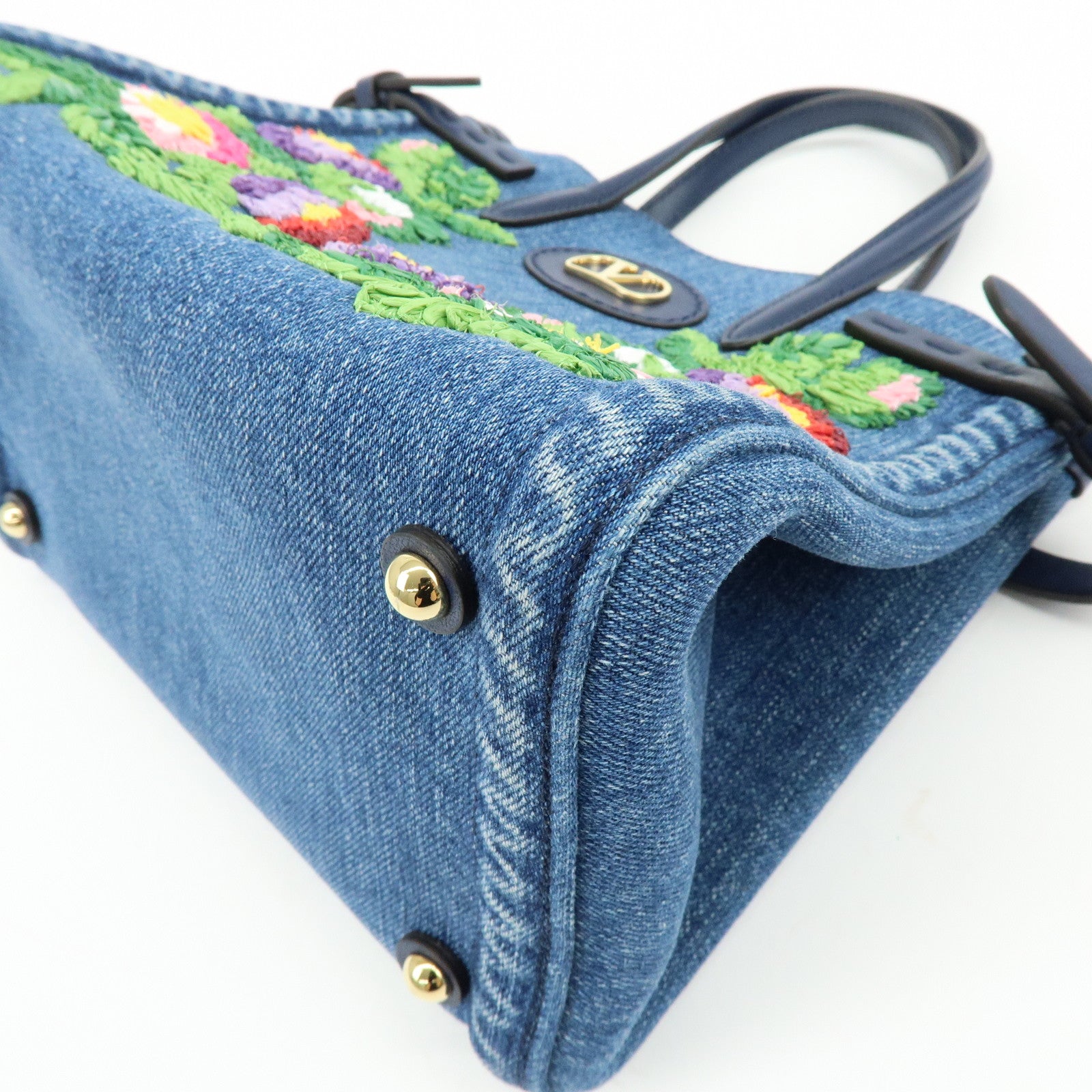 VALENTINO Denim Leather 2Way Hand Shoulder Bag Flower Embroidered