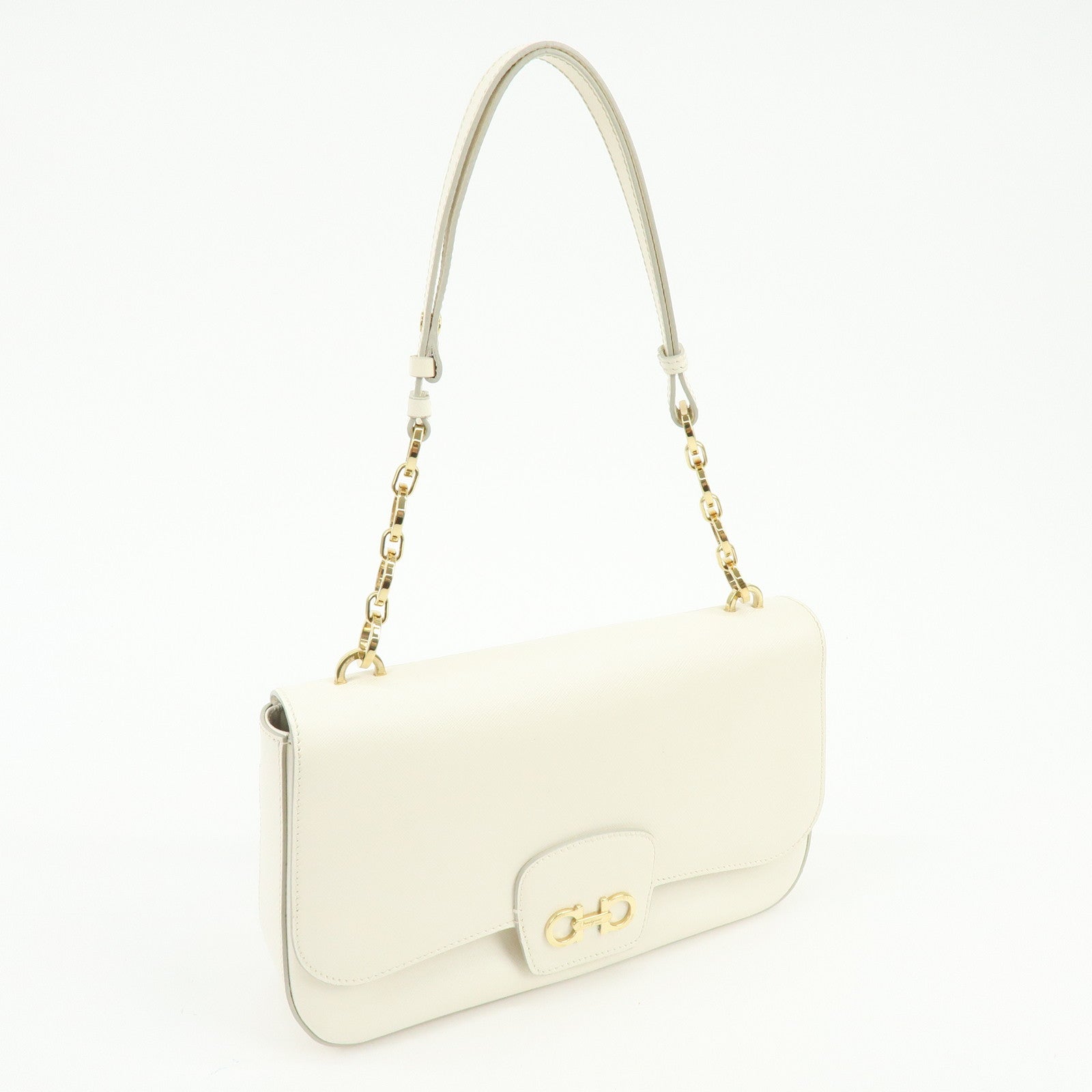 Ferragamo Gancini Leather Chain Shoulder Bag Hand Bag Ivory