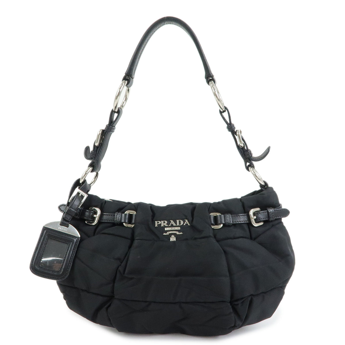 PRADA Tessuto Gathered Nylon Leather Shoulder Bag Hand Bag Black BN1704