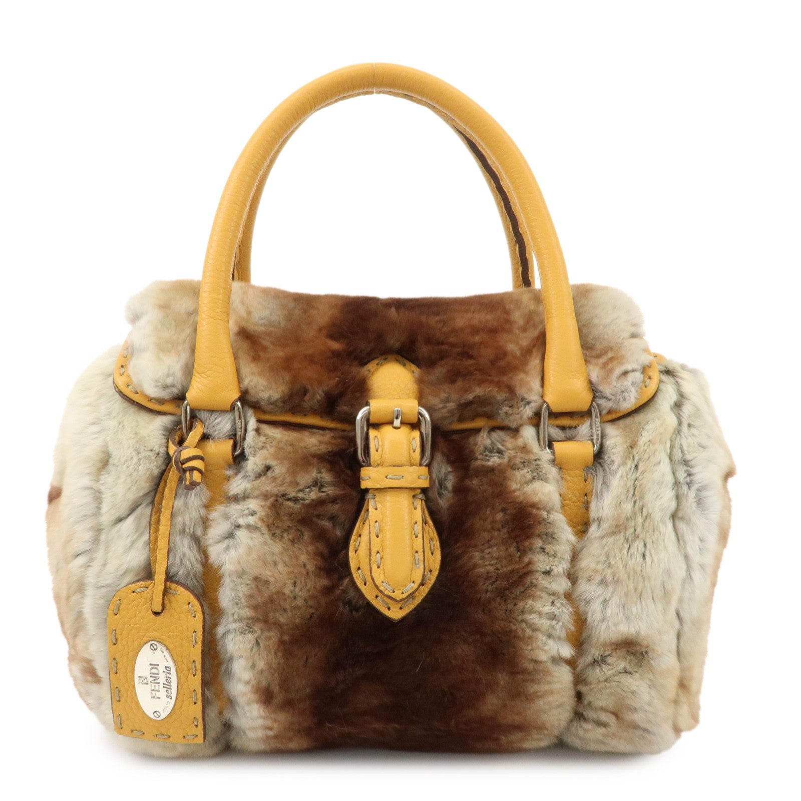 FENDI Seleria Leather Fur Mini Linda Hand Bag Brown White 8BR486 Used