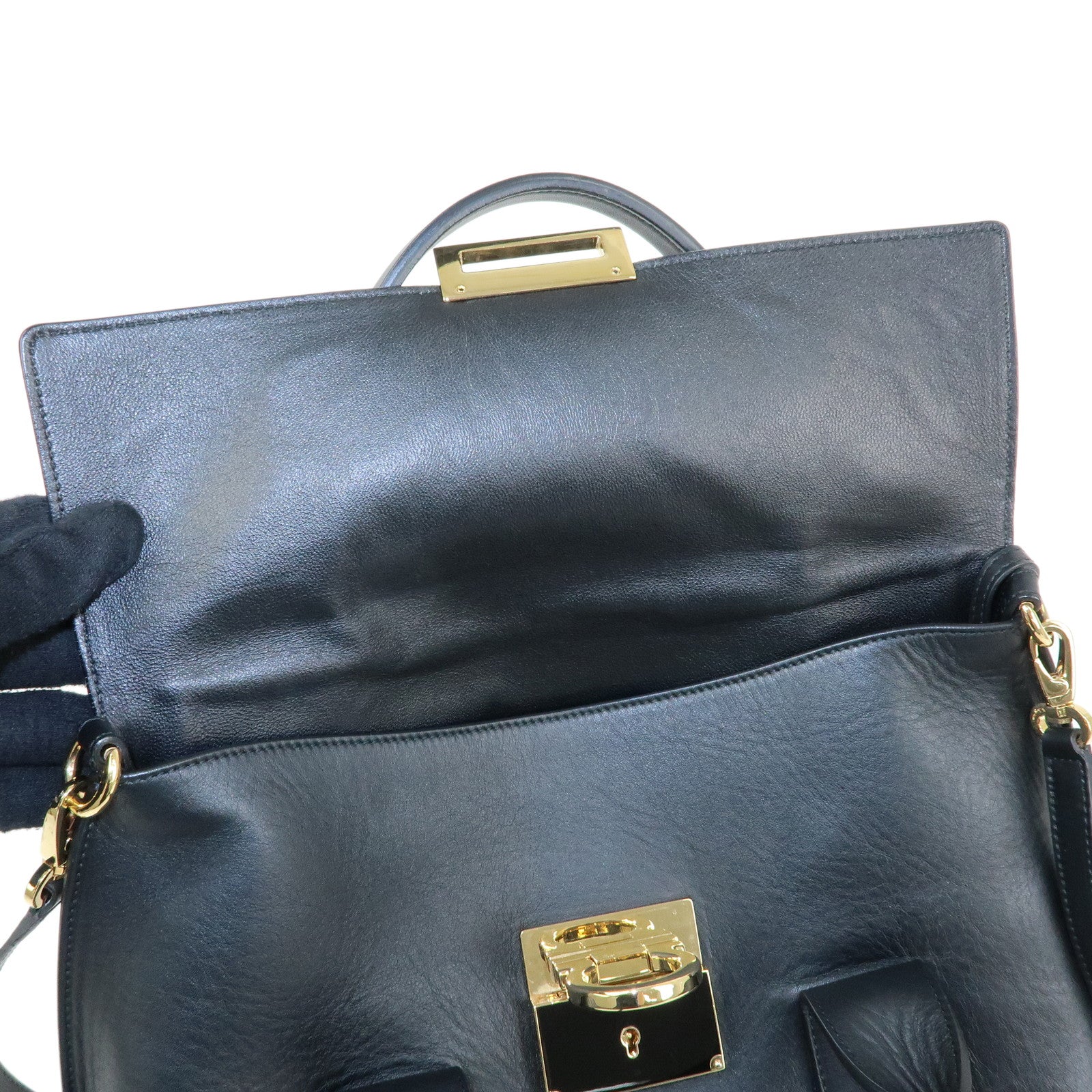 Ferragamo Gancini Leather 2Way Bag Hand Bag Shoulder Bag Black