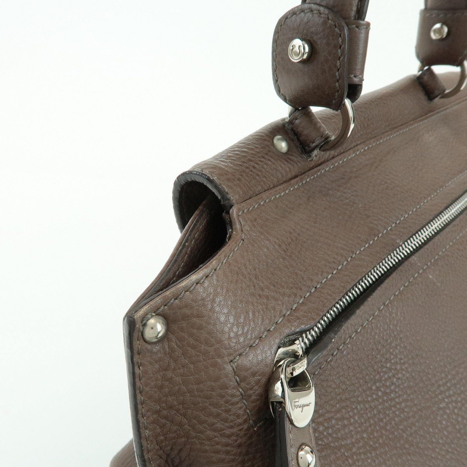 Ferragamo Gancini Leather Top Handle Hand Bag Brown