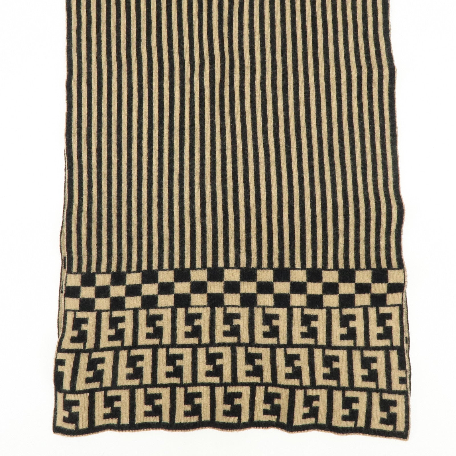 FENDI Zucca FF Logo Wool 100% Scarf Stole Stripe Beige Black