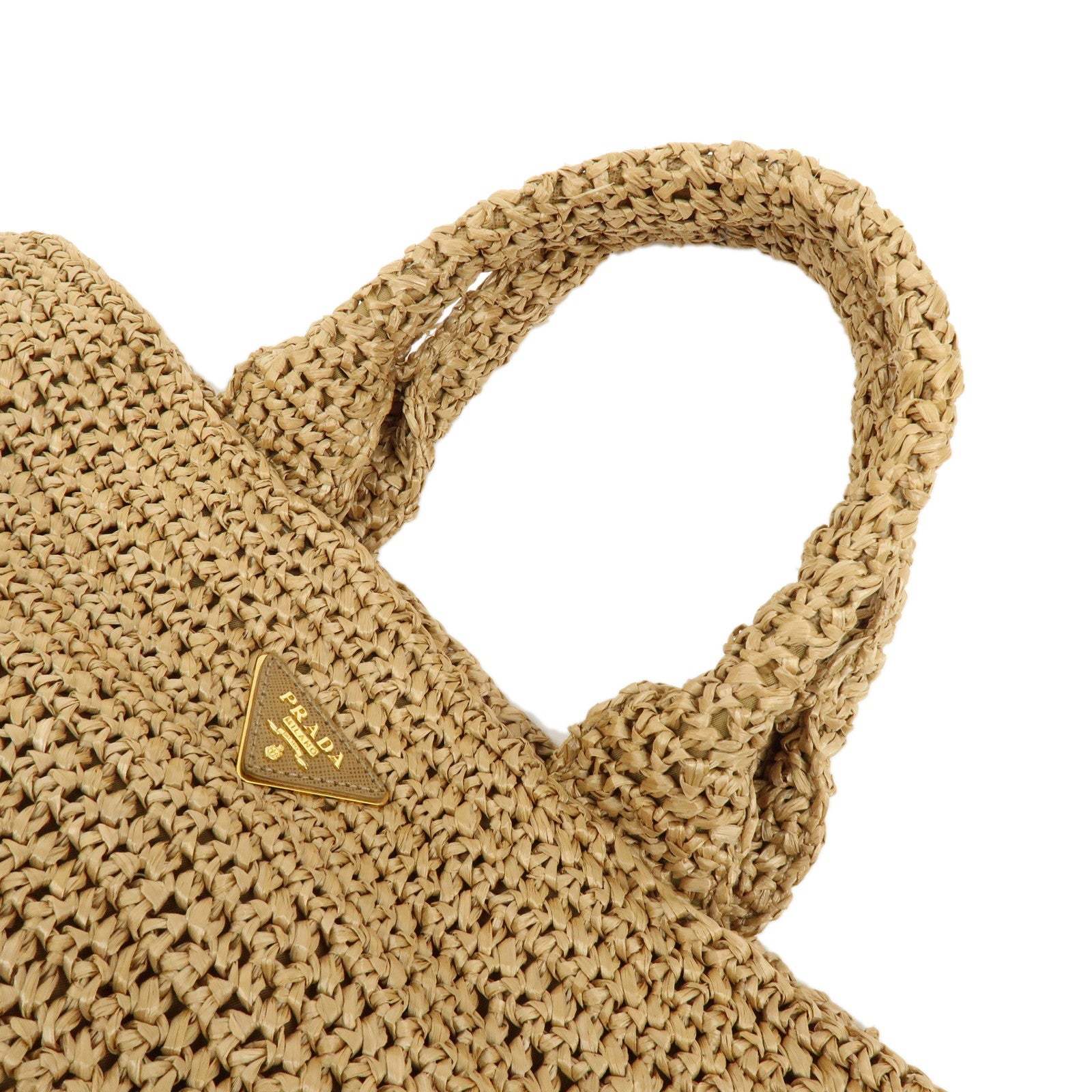 PRADA Triangle Logo Raffia Tote Bag Hand Bag Shoulder Bag Beige