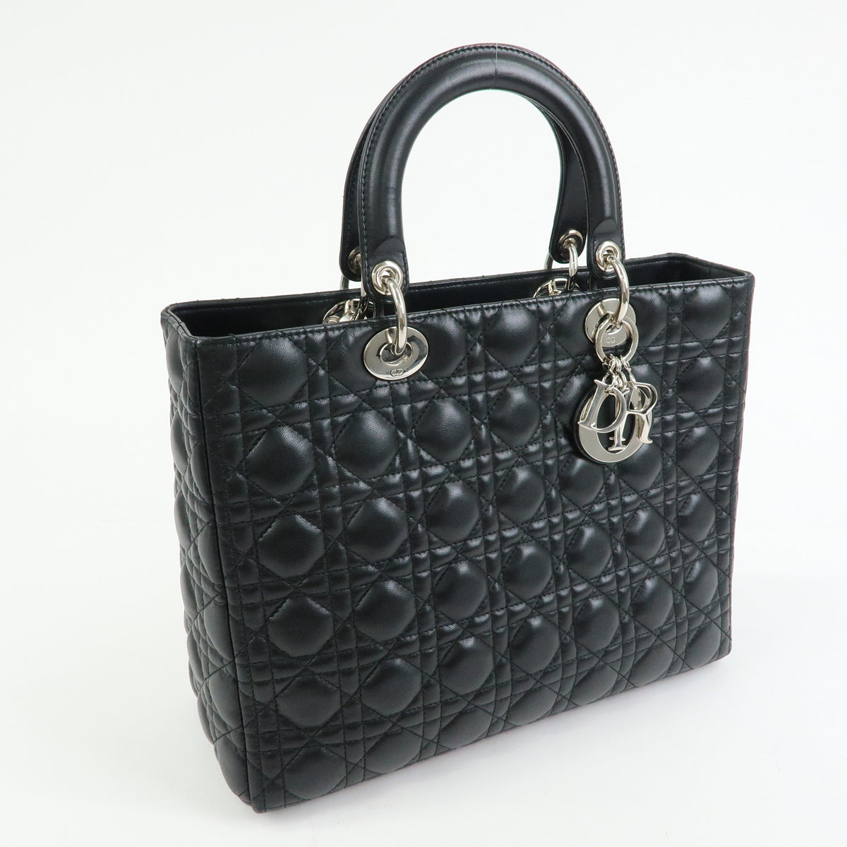 Christian Dior Lady Dior Cannage Lamb Skin Hand Bag Black