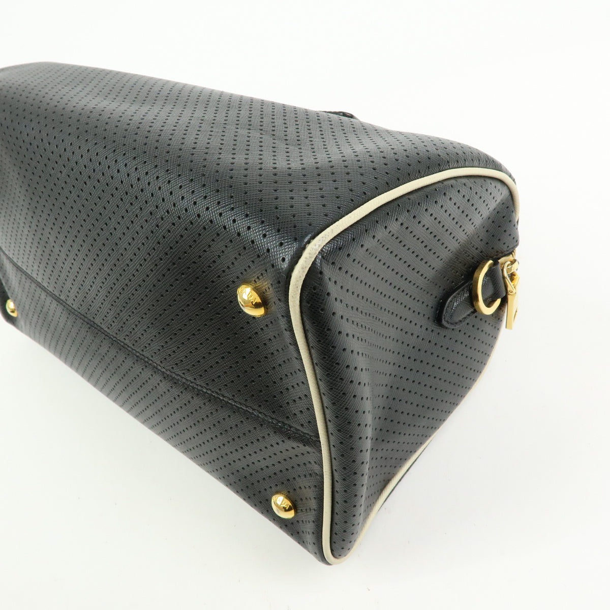 PRADA Triangle Logo Perforated Saffiano Leather 2Way Boston Bag Black