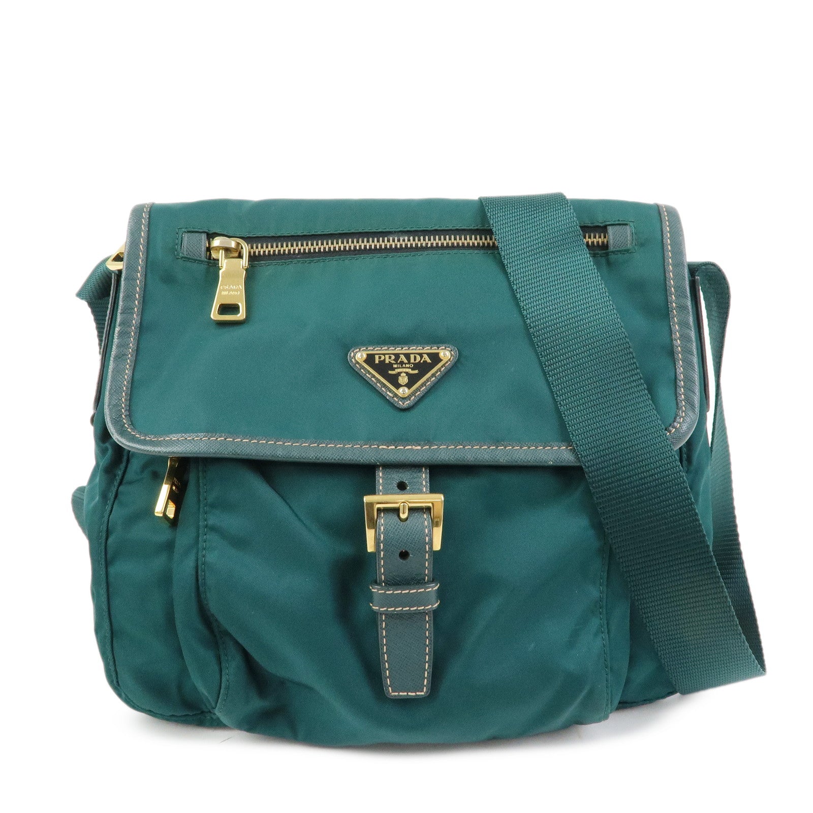 PRADA Triangle Logo Nylon Saffiano Leather Shoulder Bag Green