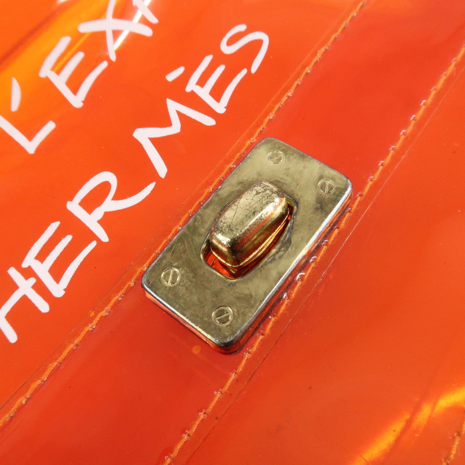 HERMES Vinyl Kelly Hand Bag Clear Orange Gold Hardware Used