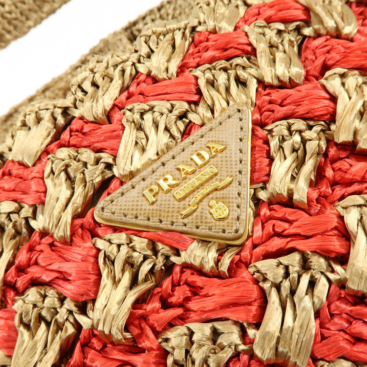 PRADA Canapa Large Triangle Logo Raffia Tote Bag Natural Red BN2302