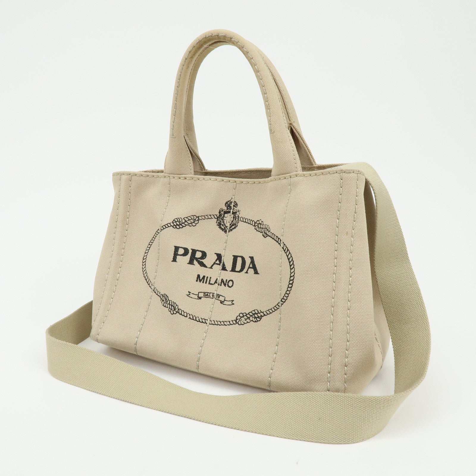PRADA Triangle Logo Canapa Mini Canvas 2Way Bag Hand Bag Beige 1BG439