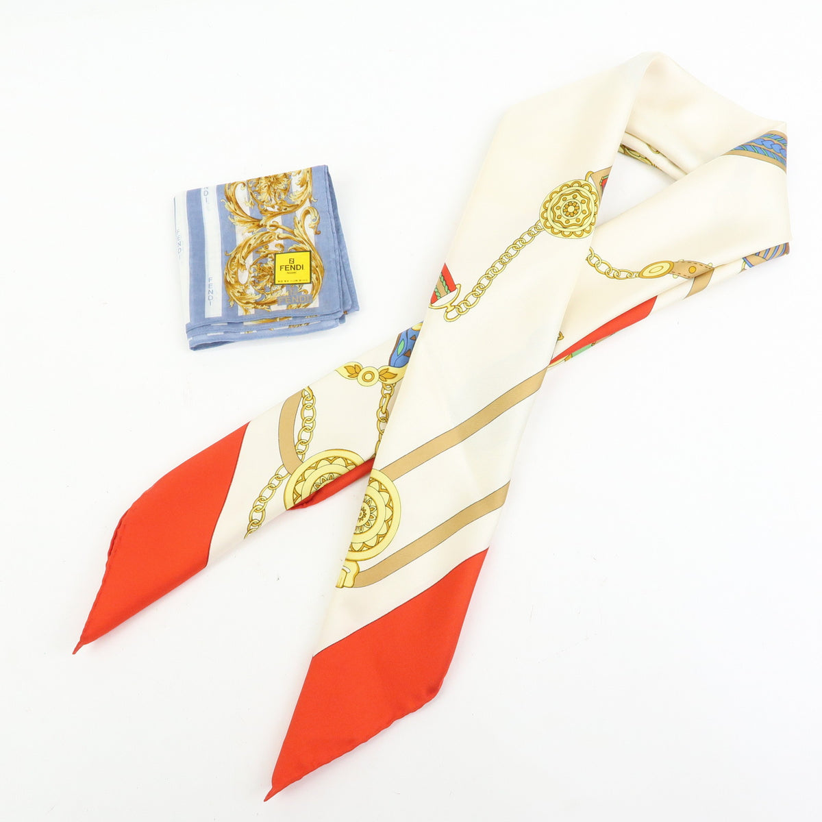 CELINE FENDI Lot of 2 Silk 100% Scarf Chain Motif Red White Blue