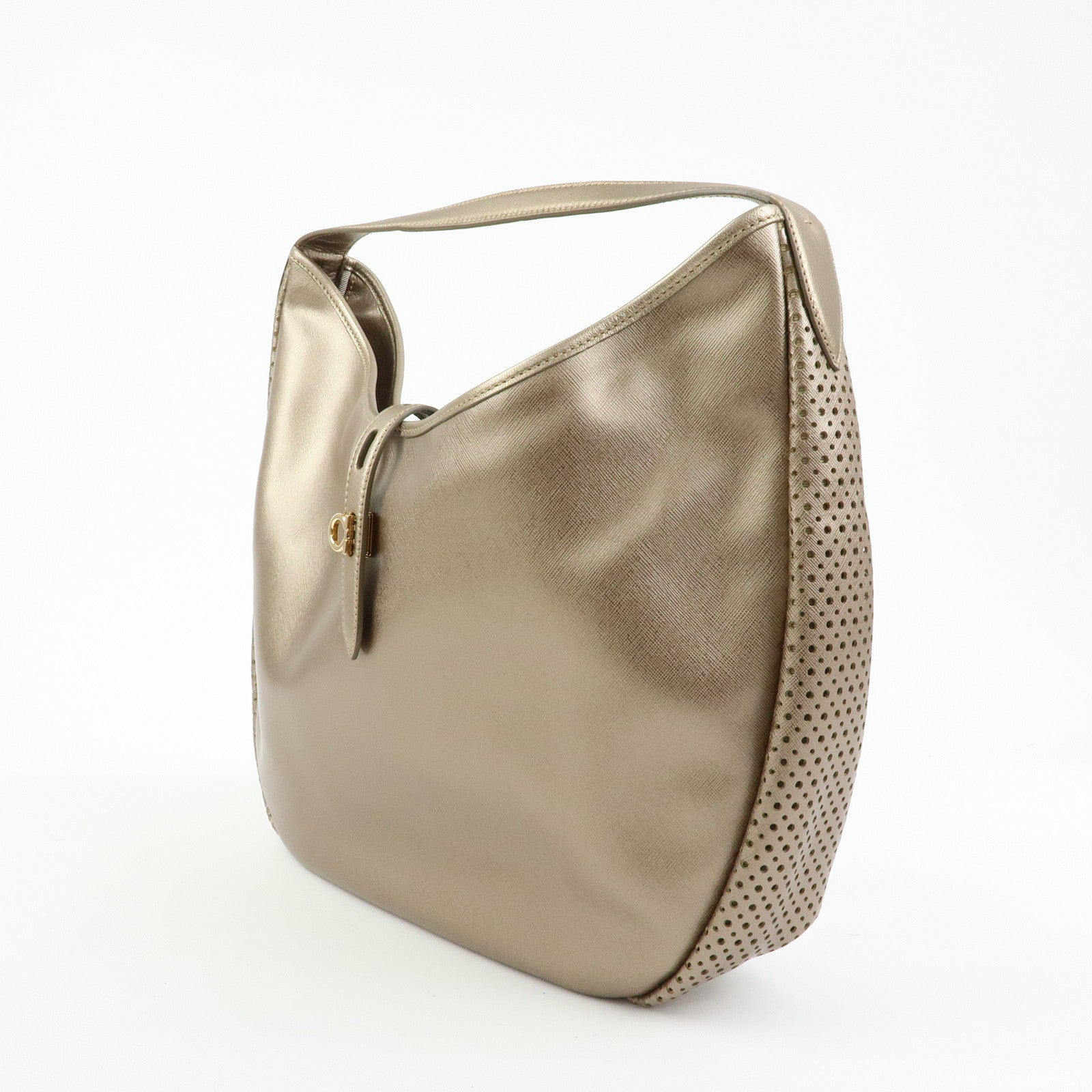 Ferragamo Gancini Leather Shoulder Bag Hand Bag Metallic Pink Beige