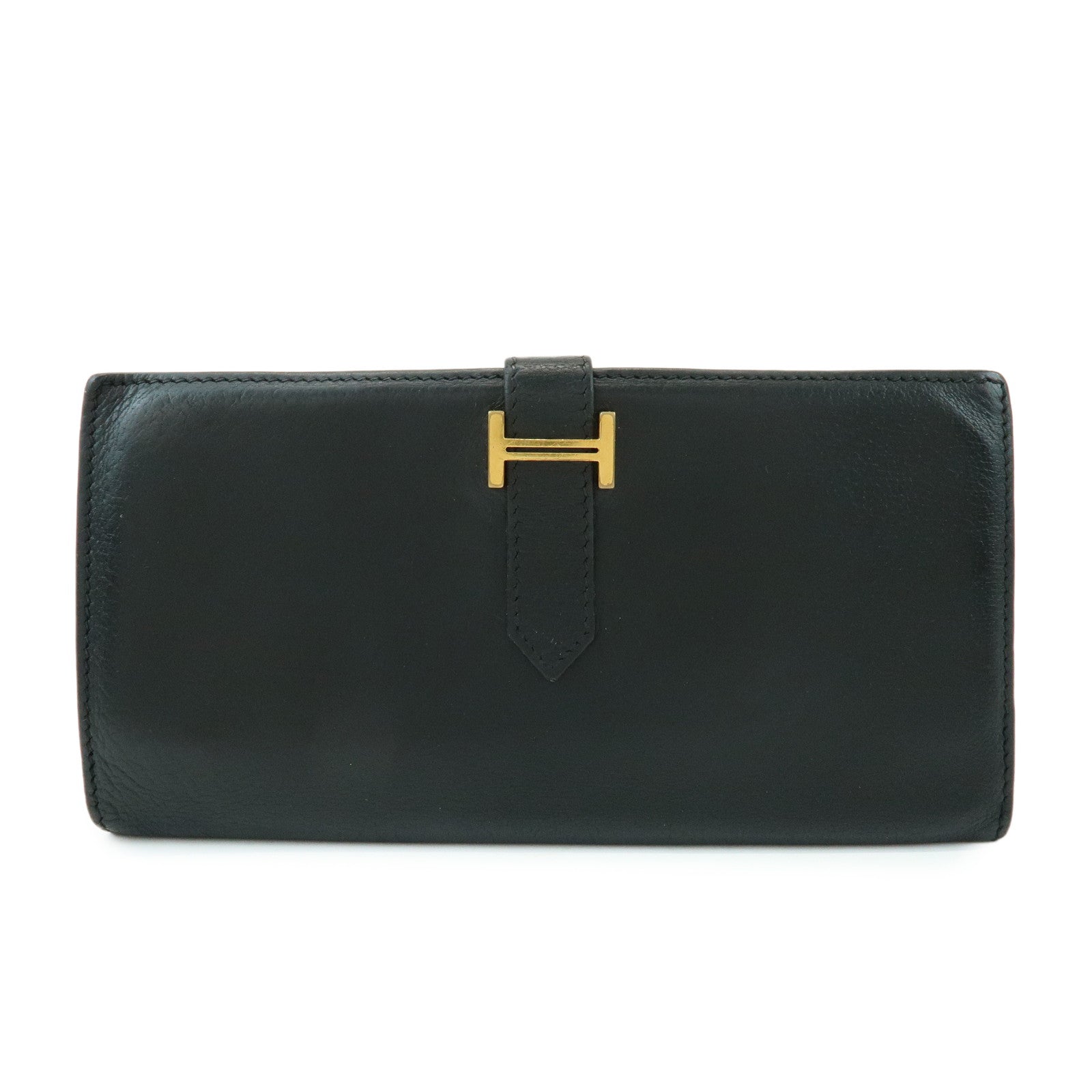 HERMES Bearn Calf Leather Bi-fold Long Wallet □I Stamped Black
