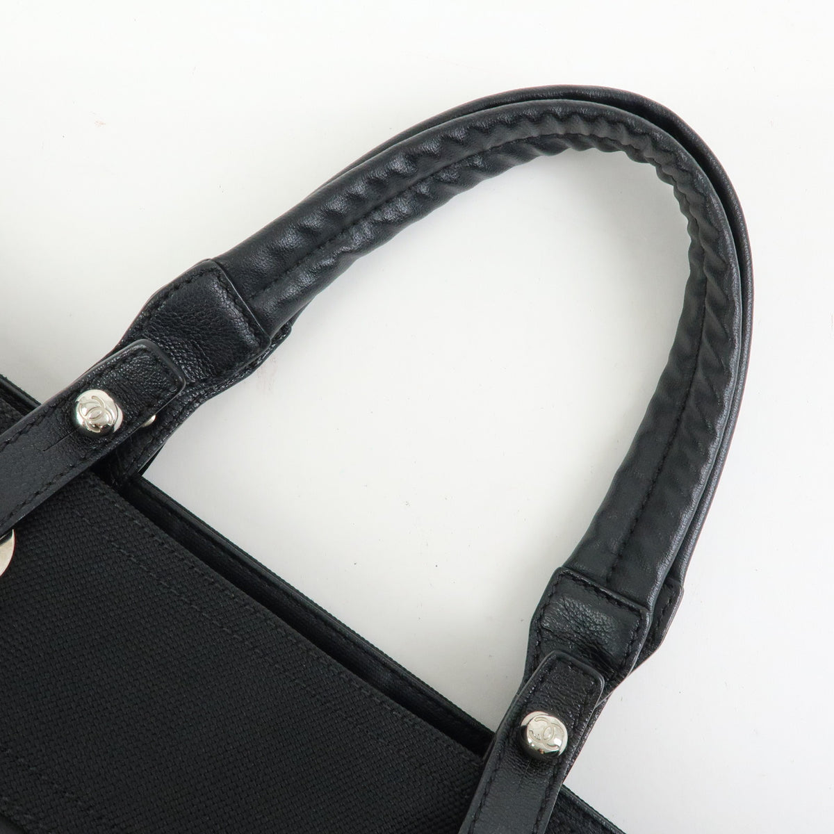 CHANEL Paris Biarritz MM Leather Canvas Tote Bag Hand Bag Black A34209