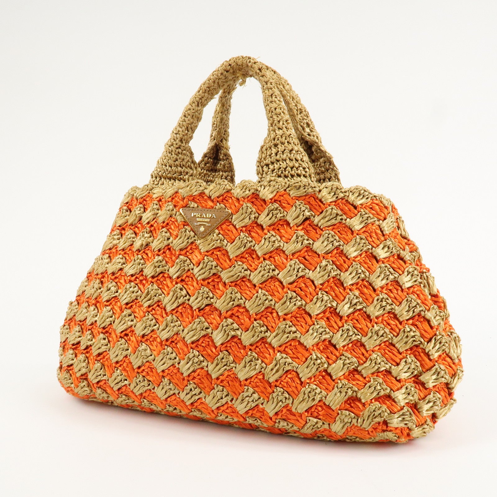PRADA Triangl Logo Braded Tote Bag Hand Bag Orange Beige Used