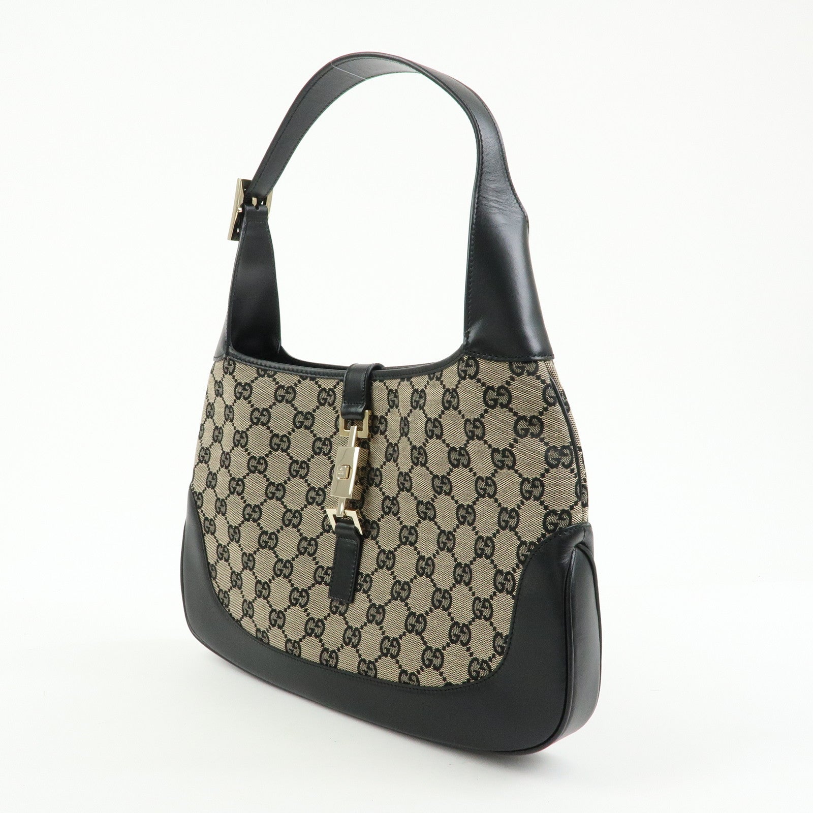 GUCCI Jackie GG Canvas Leather Shoulder Bag Beige Black 0013306