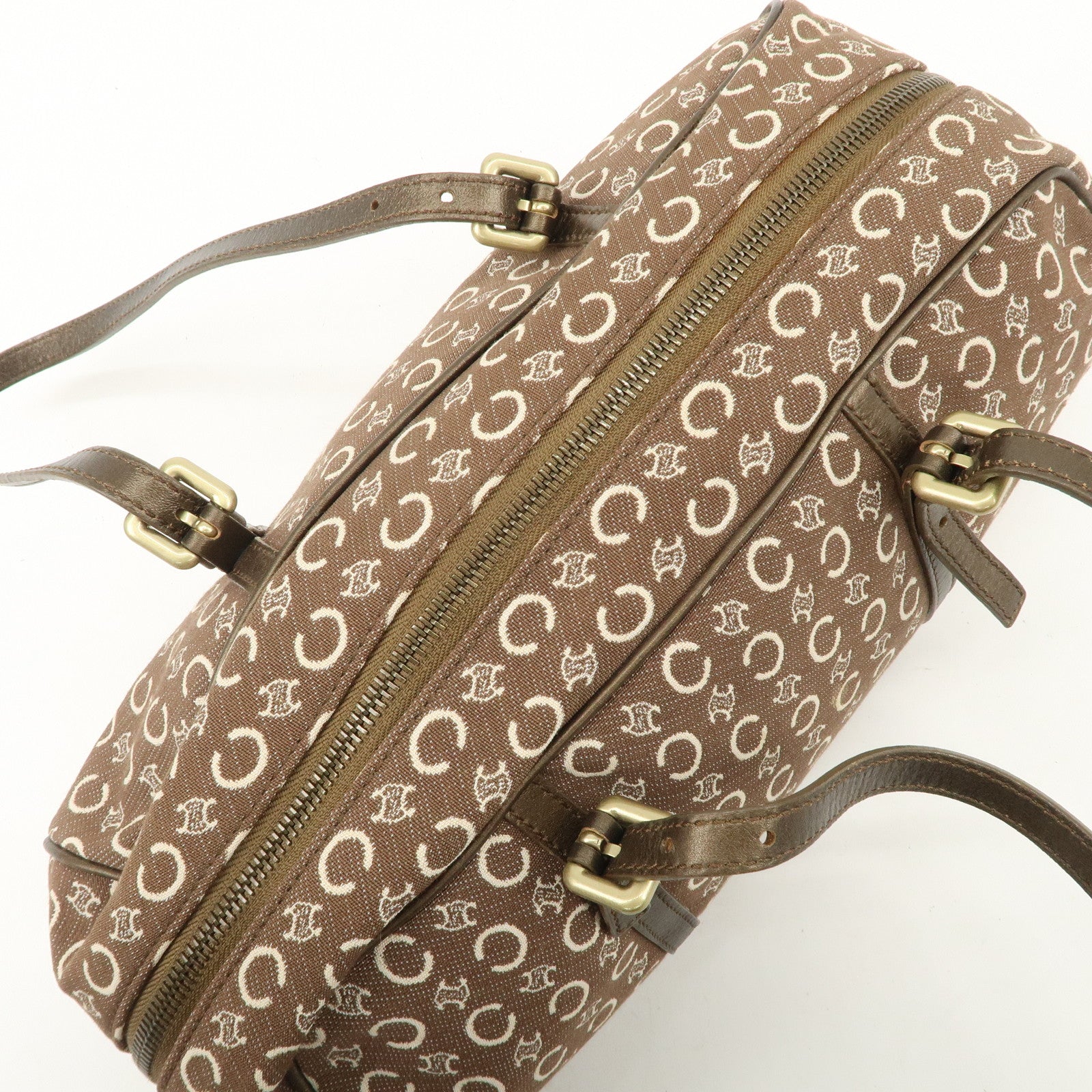 CELINE C Macadam Canvas Leather Boston Bag Hand Bag Brown White Used