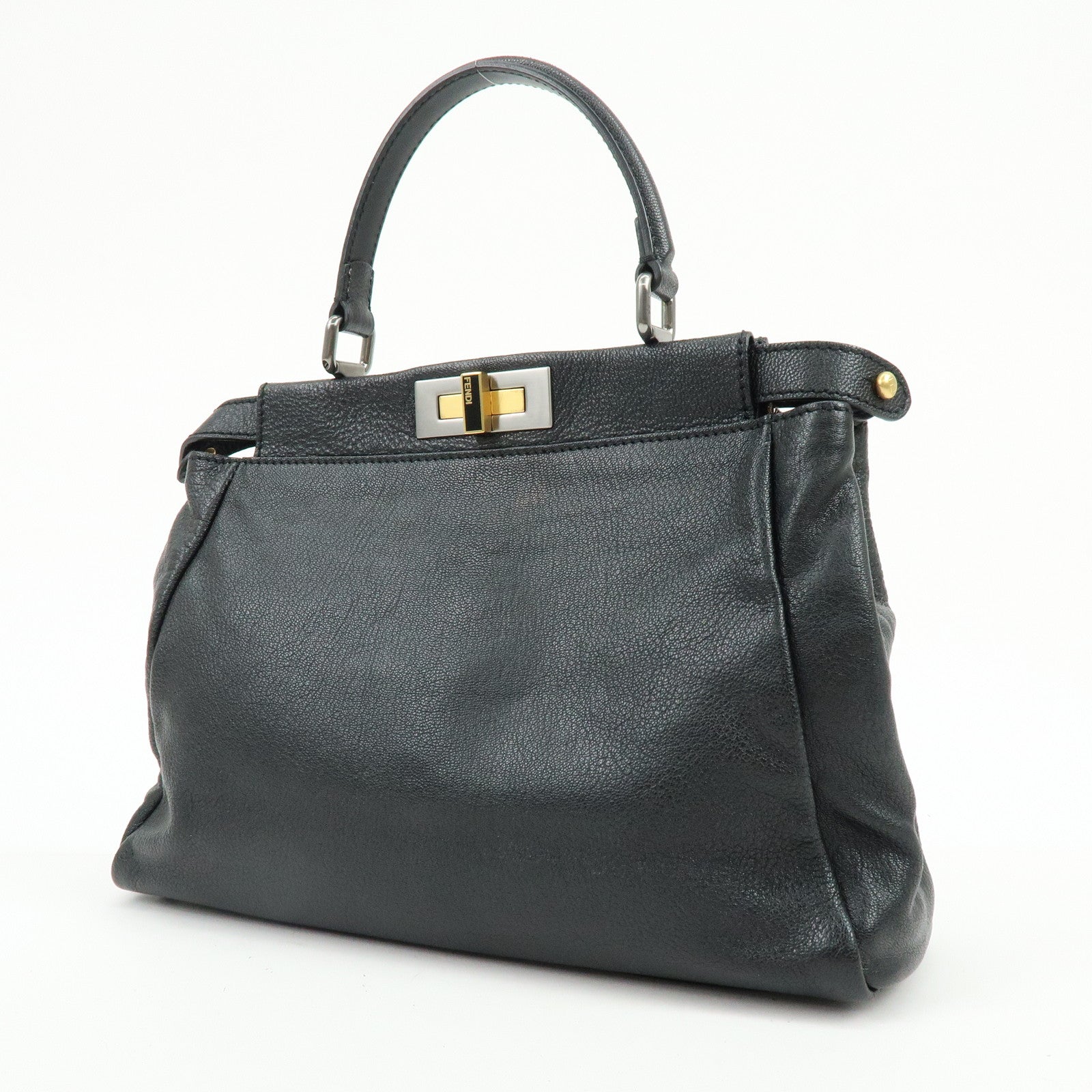 FENDI Peekaboo Leather 2Way Shoulder Bag Hand Bag Black 8BN226