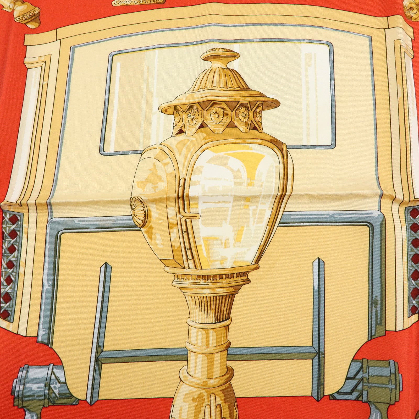 HERMES Carre 90 Silk 100% Scarf FEUX DE ROUTE Lantern Motif Red Gold