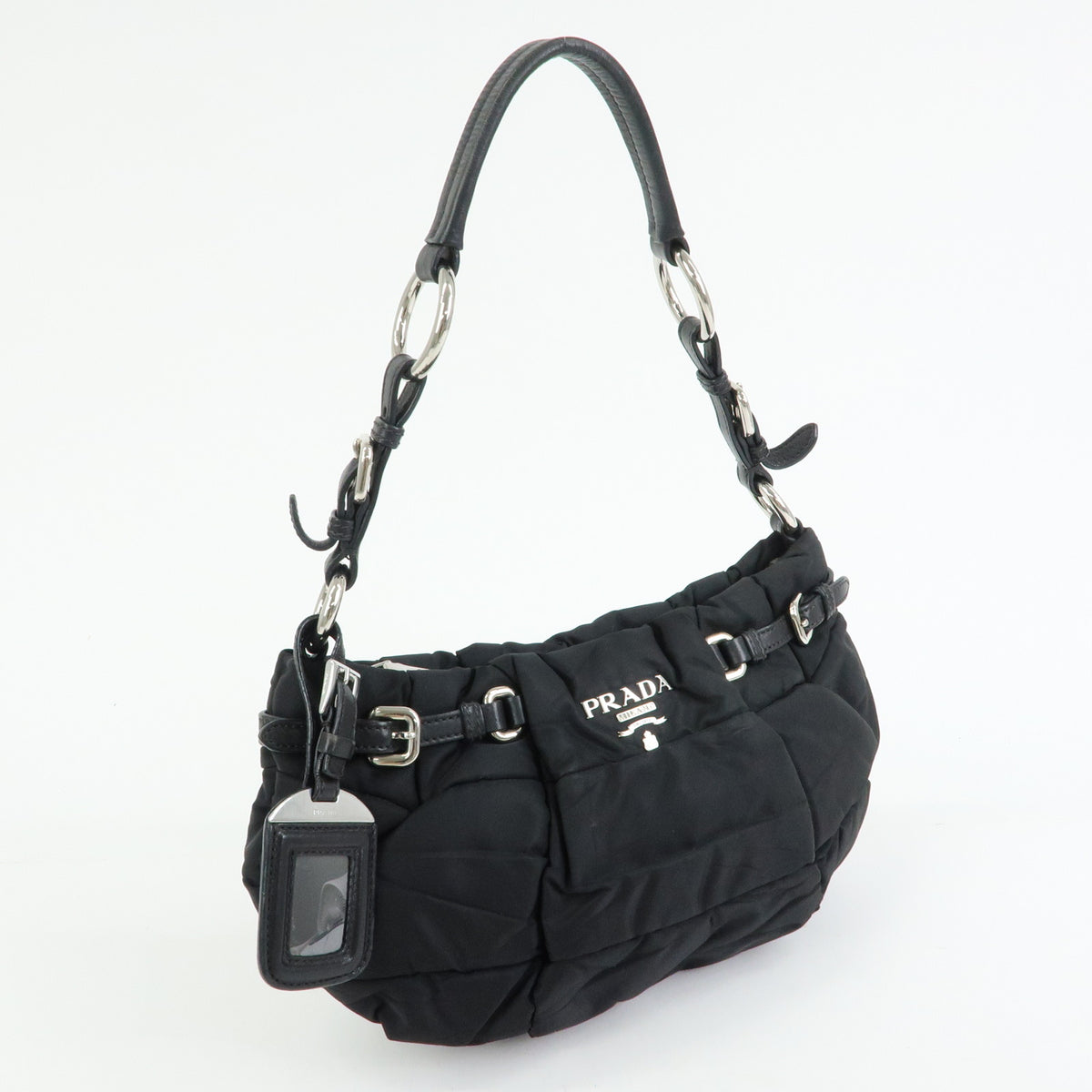 PRADA Tessuto Gathered Nylon Leather Shoulder Bag Hand Bag Black BN1704