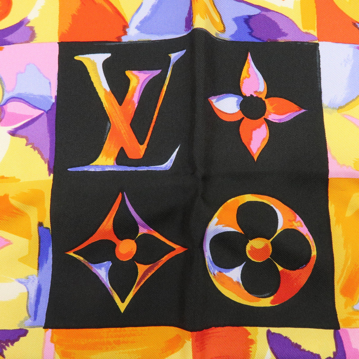 Louis Vuitton Monogram Carre 90 Silk 100% Scarf Au Fil Du Temps black