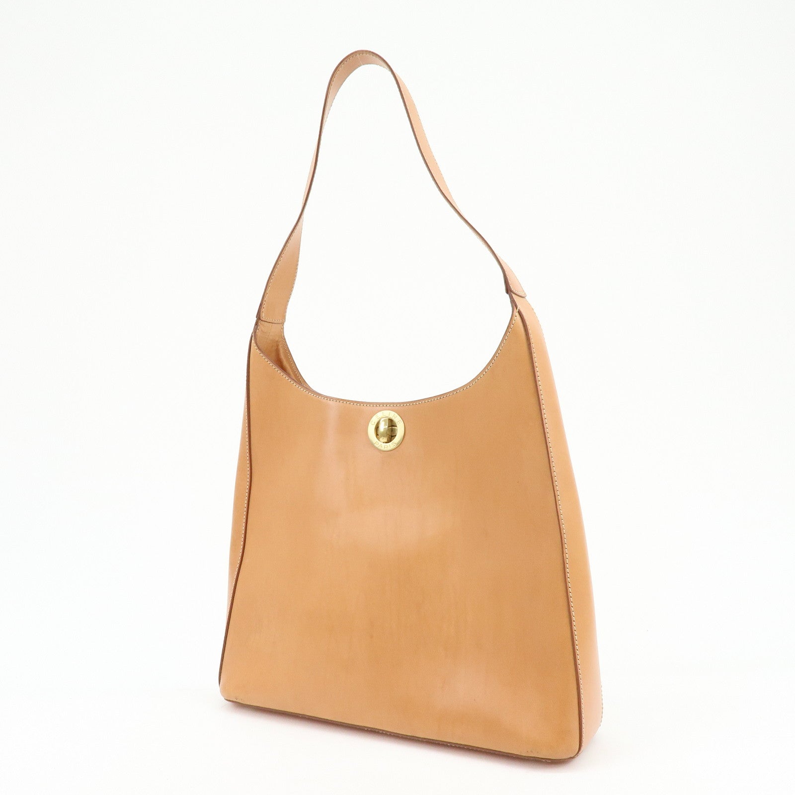 CELINE Logo Leather Turn Lock Shoulder Bag Hand Bag Light Brown
