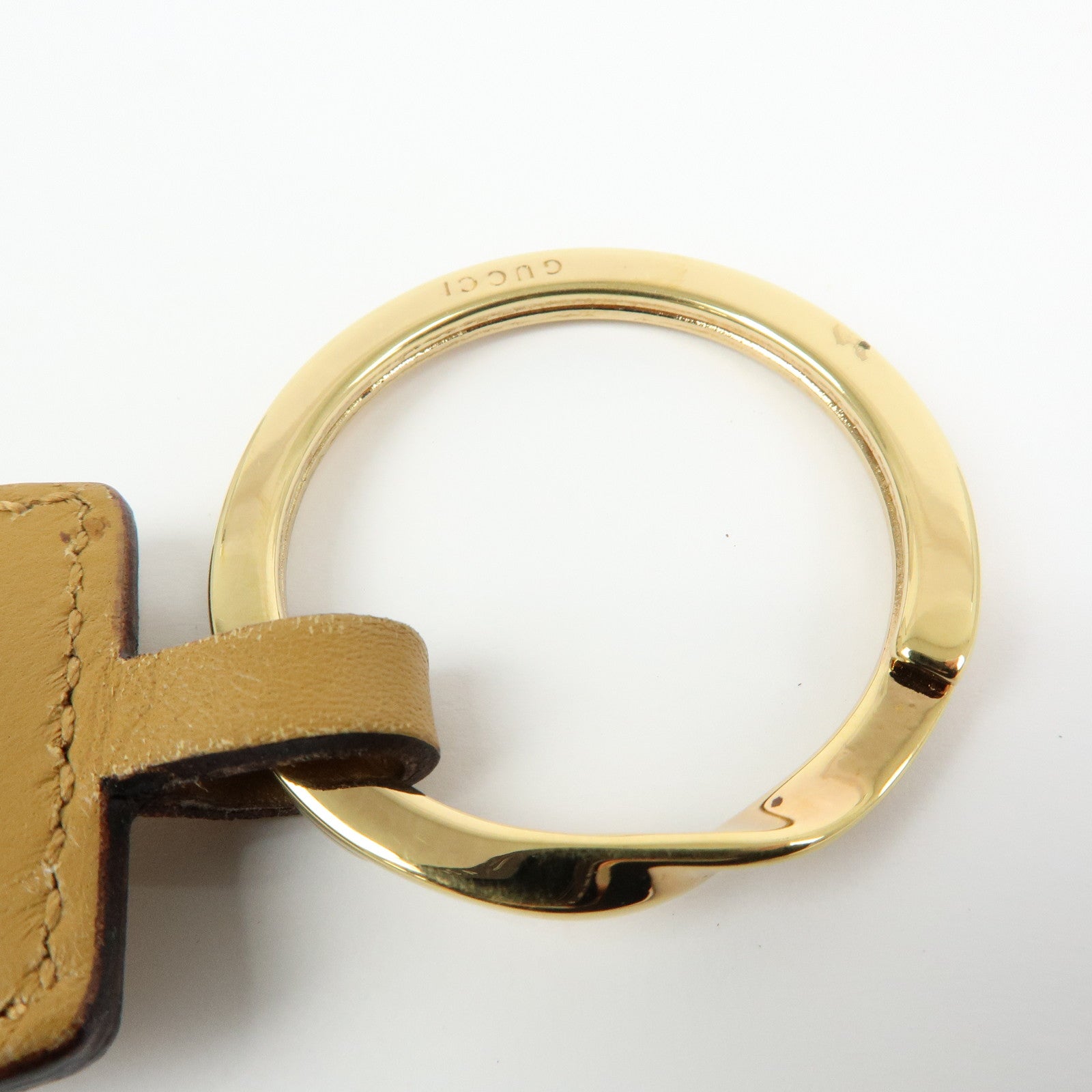 GUCCI Tiger Head Leather Metal Bag Charm Key Holder Brown Gold