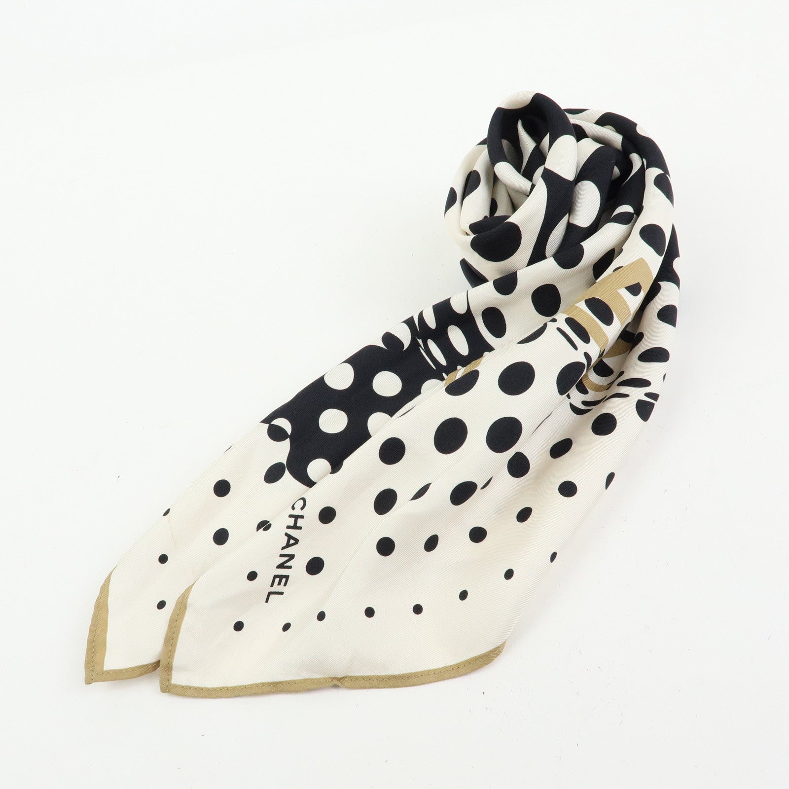 CHANEL COCO Mark Silk 100% Scarf Dot Pattern Clover Ivory Black