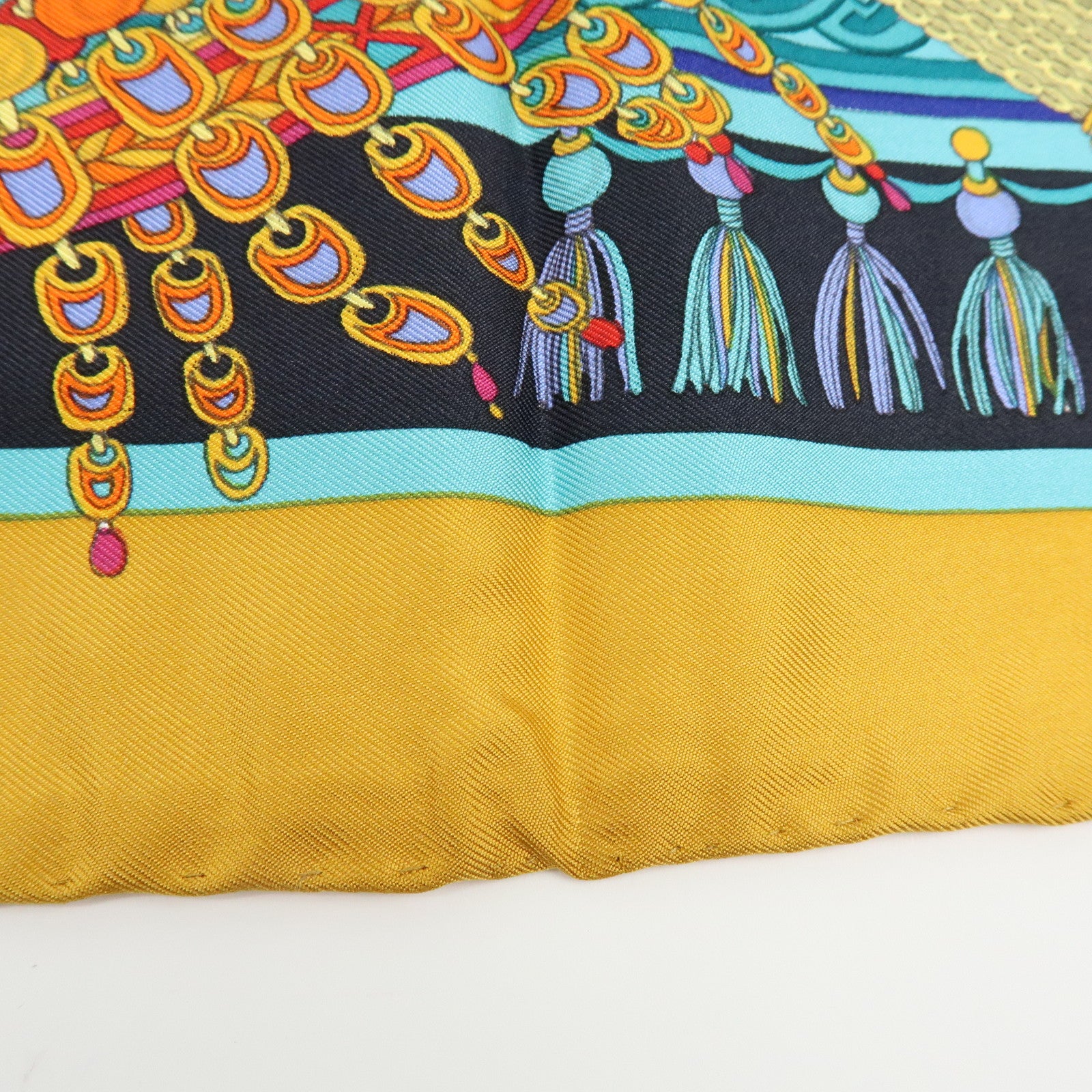 GUCCI Silk 100% Scarf Tassel Motif Black Yellow Multicolor