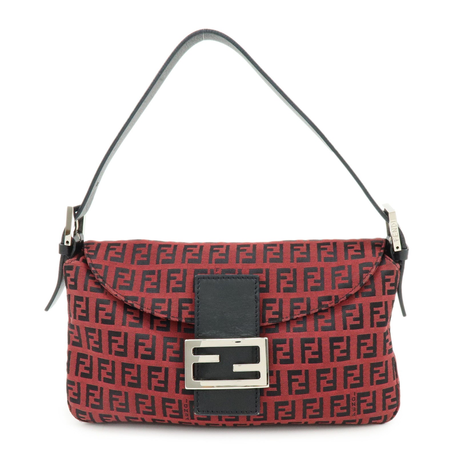 FENDI Mamma Baguette Zucchino Canvas Leather Shoulder Bag Red 8BR003