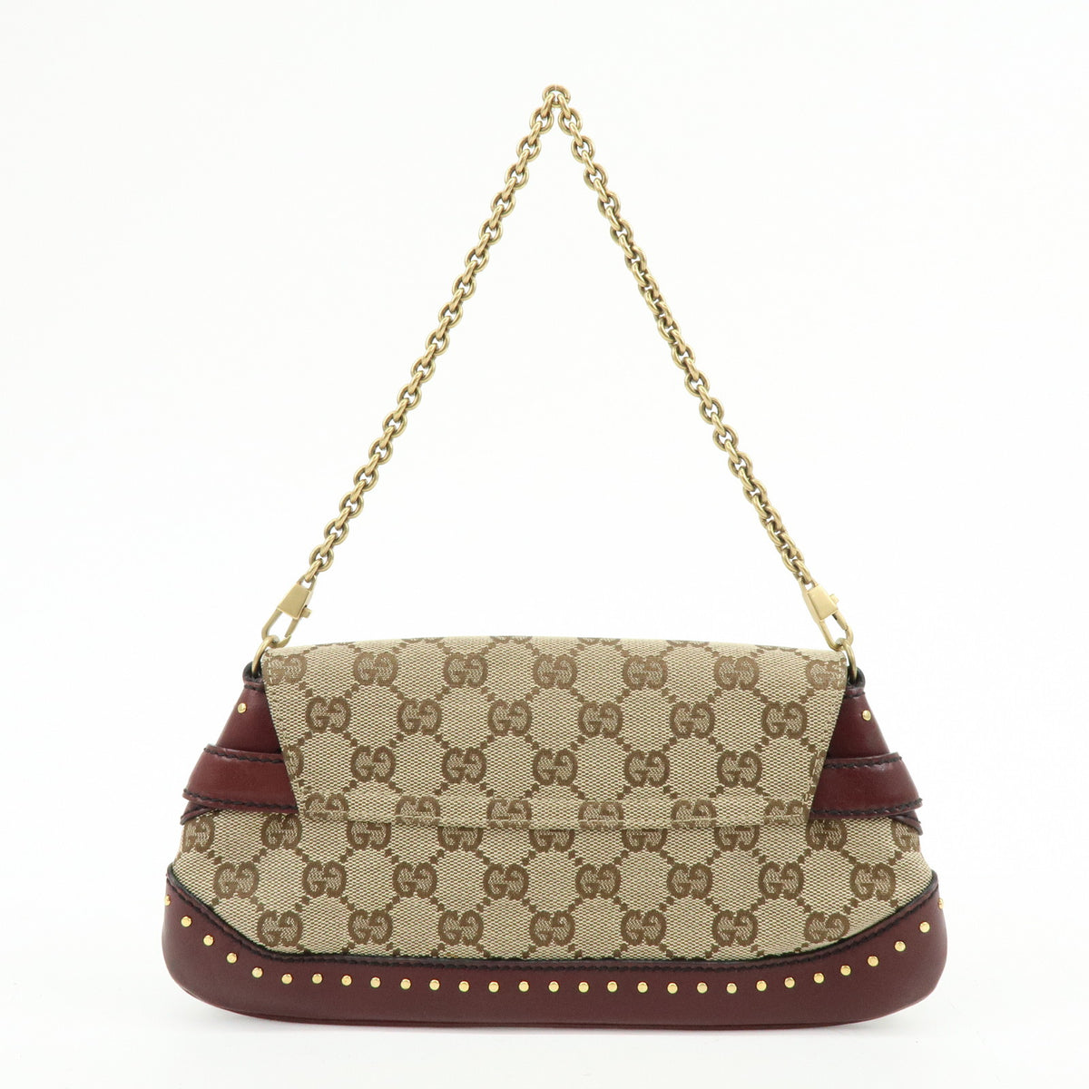 GUCCI Horsebit GG Canvas Leather Chain Hand Bag Brown Bordeaux 119186