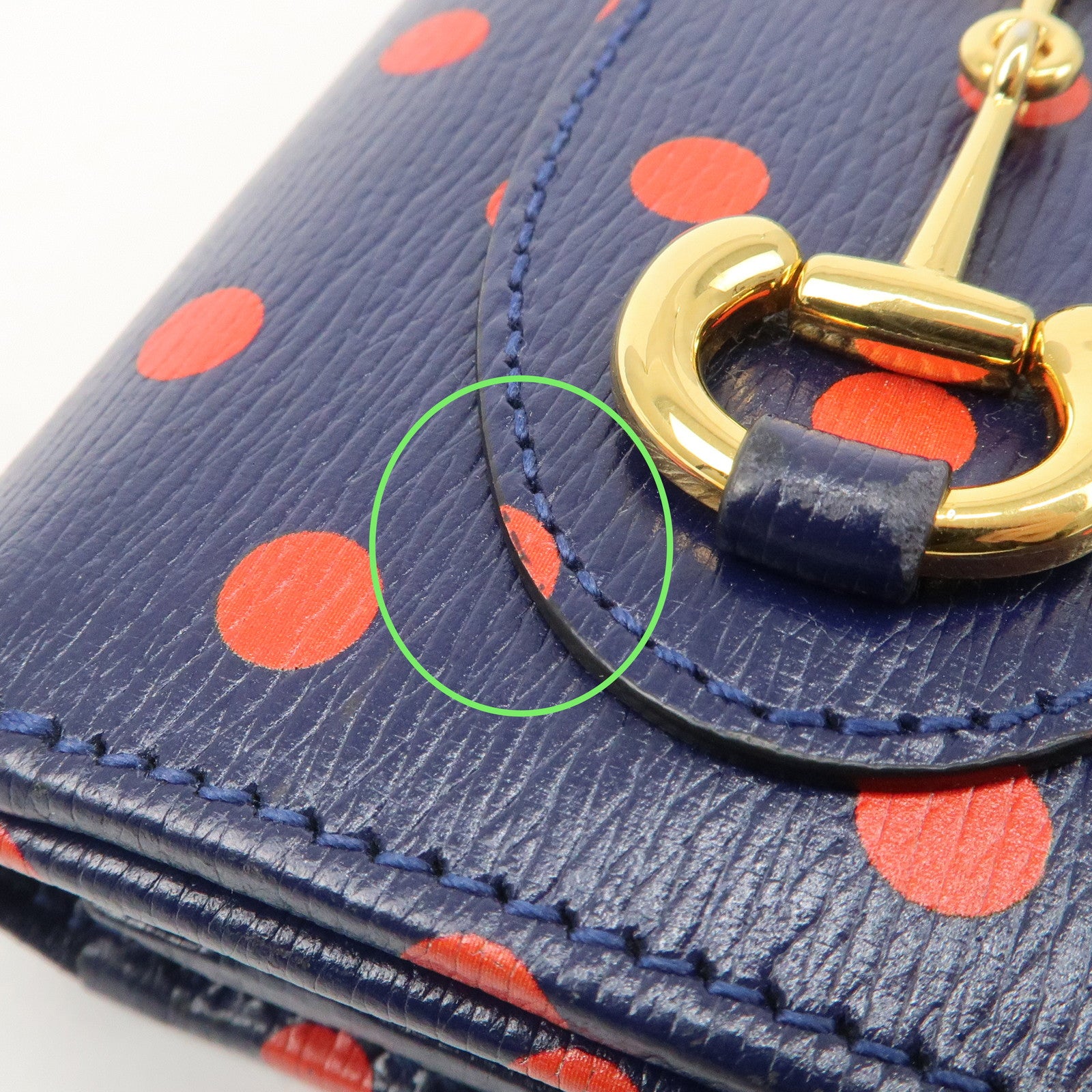 GUCCI Horsebit Dots Pattern Leather Bi-fold Wallet Navy Red 621891 Used
