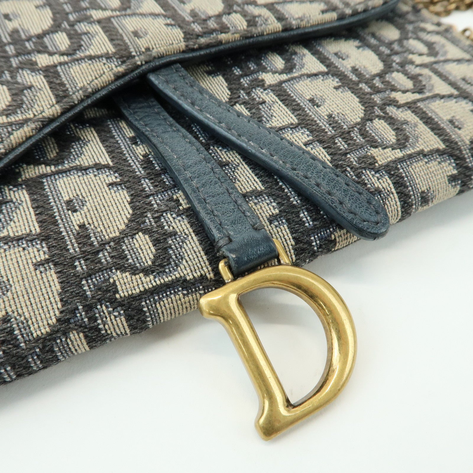 Christian Dior Oblique Saddle Canvas Leather Chain Wallet WOC Navy