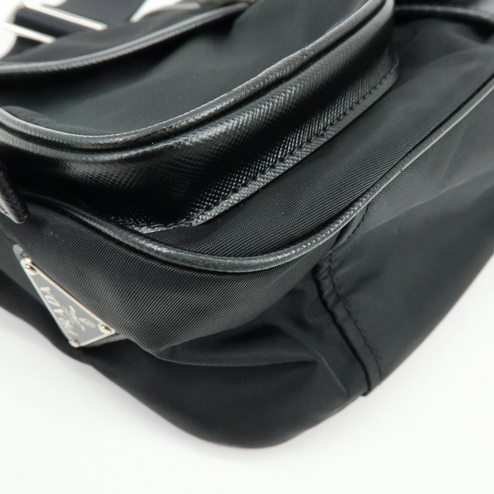 PRADA Triangle Logo Nylon Saffiano Leather Shoulder Bag Black BT0464