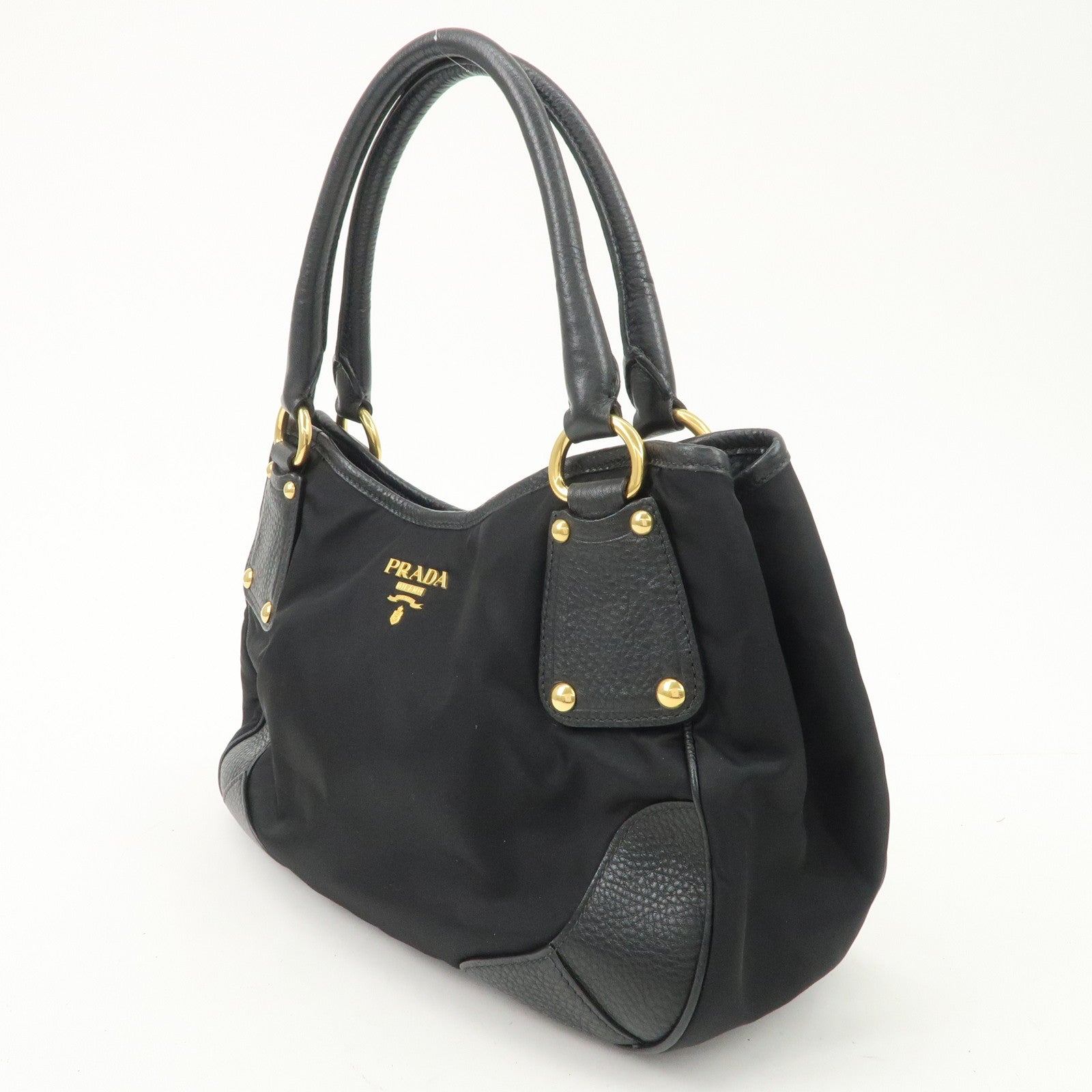 PRADA Nylon Leather Tote Bag Shoulder Bag Black Gold HDW BR4635 Used