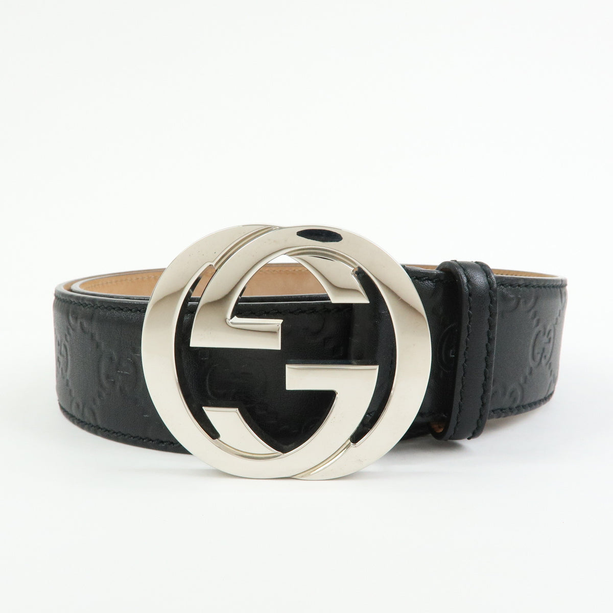 GUCCI Interlocking G Guccissima Leather Belt Black Silver 114984