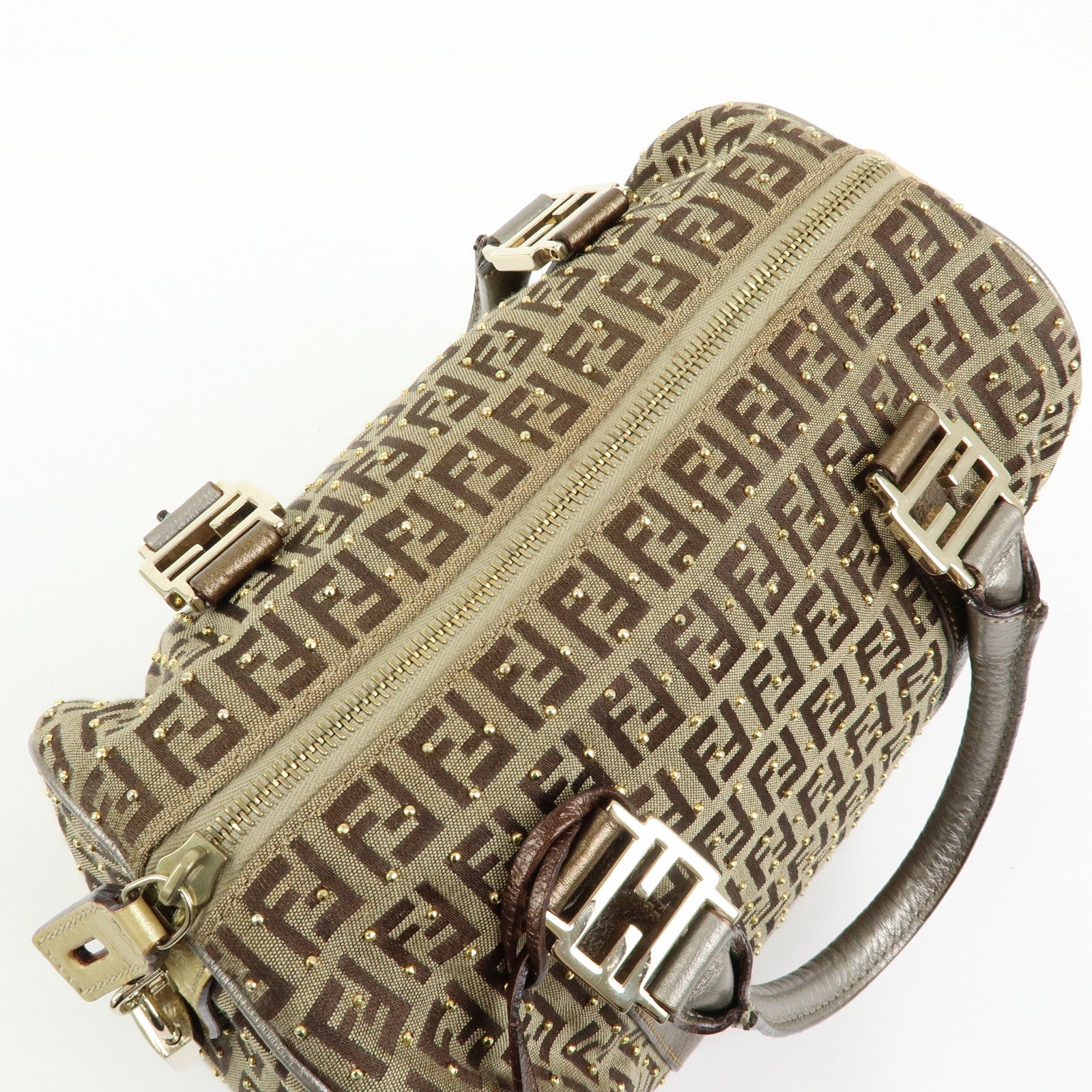 FENDI Zucchino Canvas Leather Boston Bag Hand Bag Beige Gold 8BL068