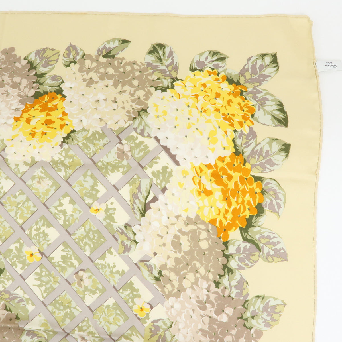 Christian Dior Silk 100% Scarf Hydrangea Print Beige Yellow Green