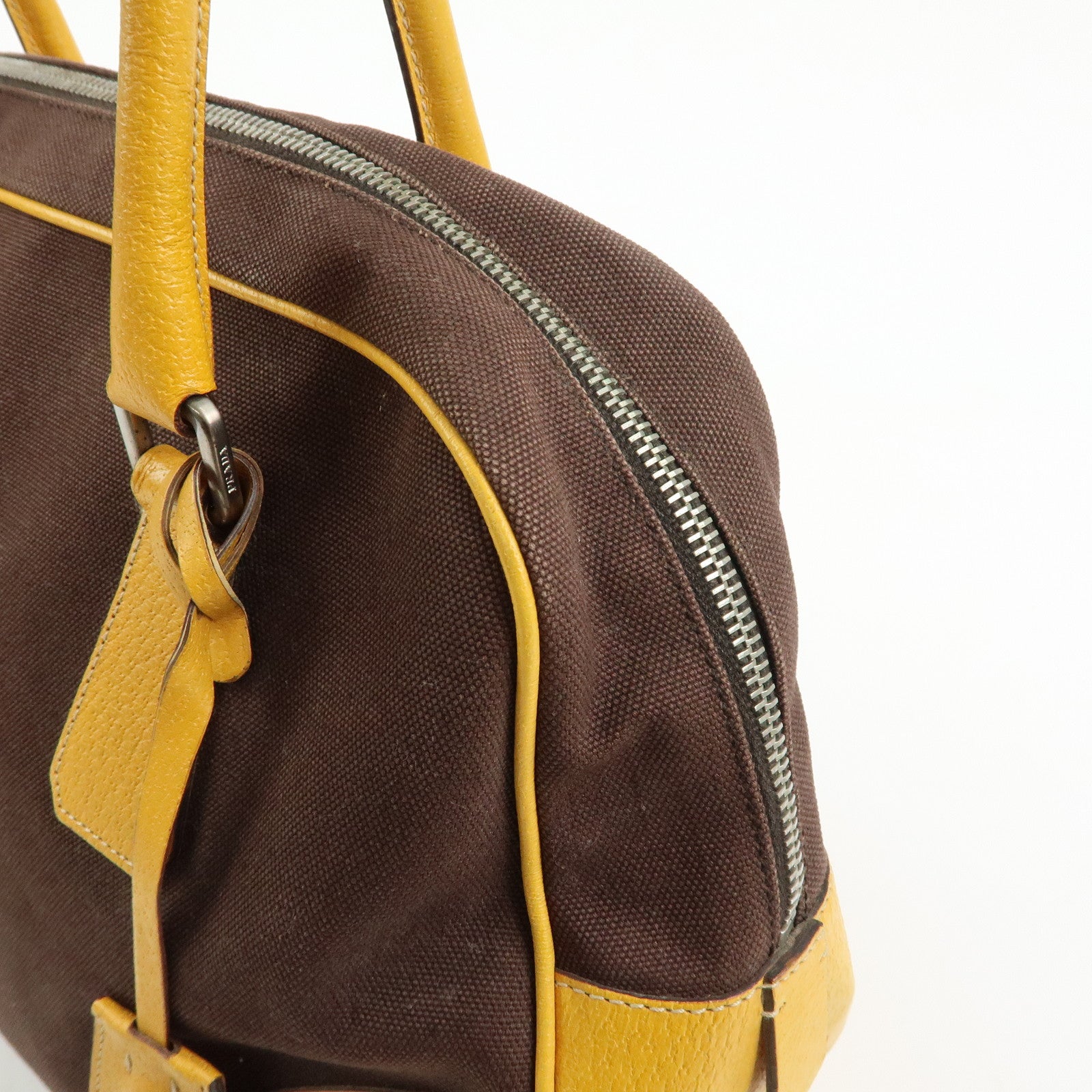 PRADA Triangle Logo Canvas Leather Boston Bag Brown Yellow B10813