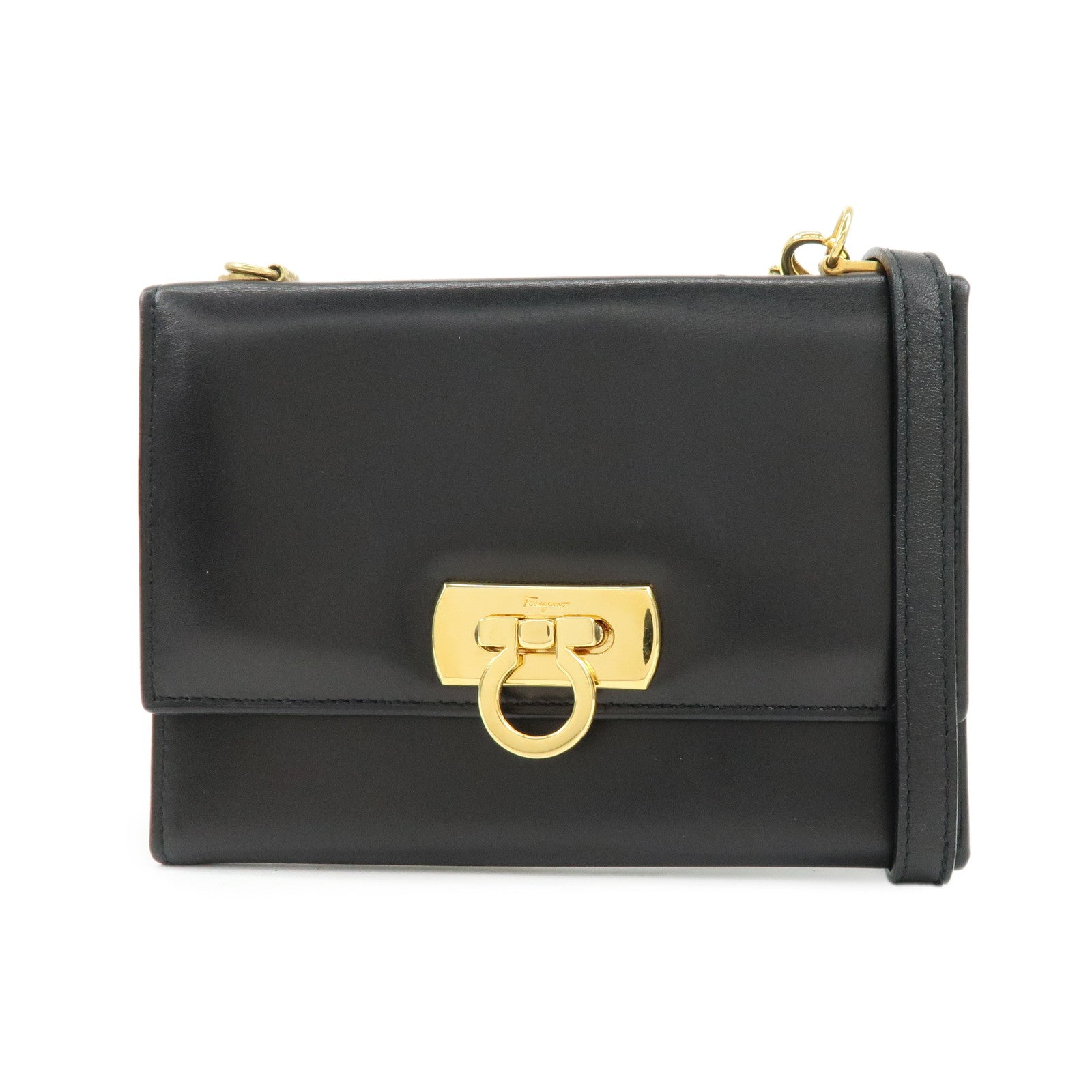 Ferragamo Gancini Leather Compact Wallet Shoulder Wallet Black