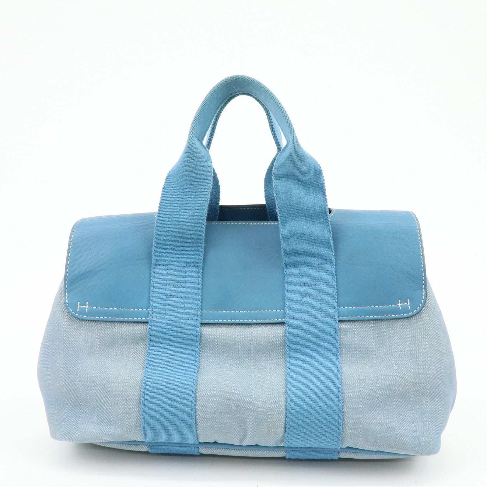 HERMES Valparaiso PM Canvas Leather Tote Hand Bag □K Stamped Blue Jean