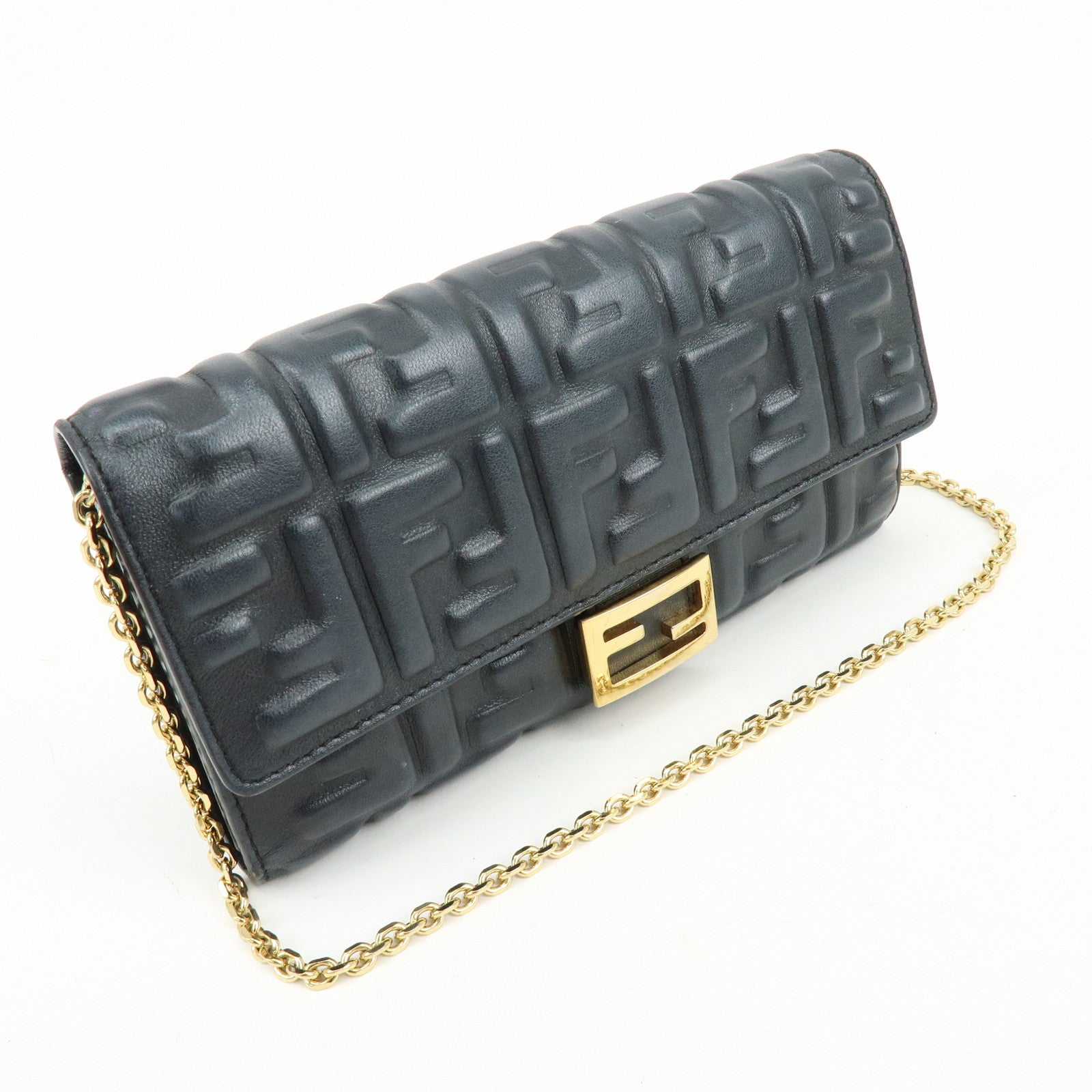 FENDI Baguette Zucca Embossed Leather Chain Long Wallet Black 8M0365