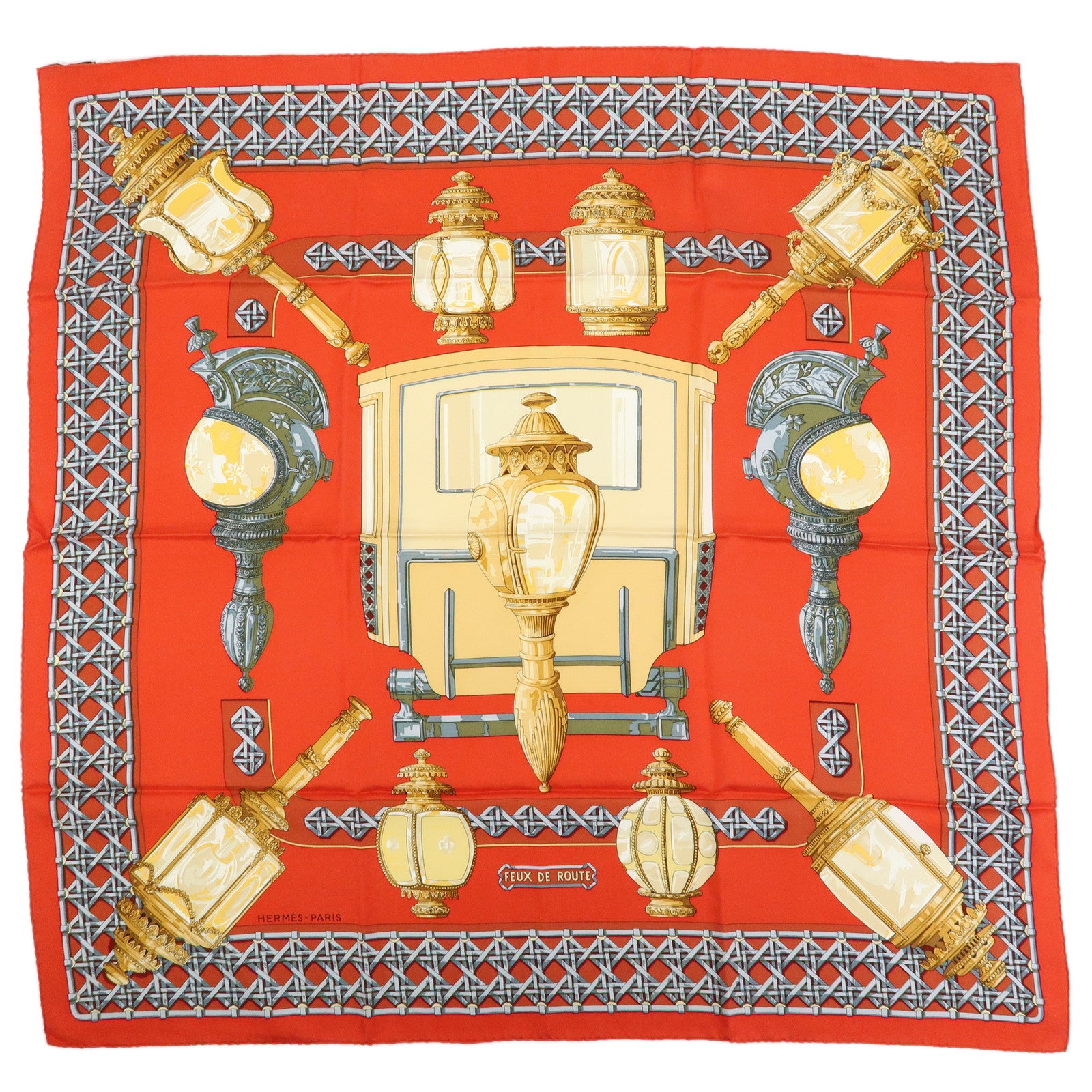 HERMES Carre 90 Silk 100% Scarf FEUX DE ROUTE Lantern Motif Red Gold