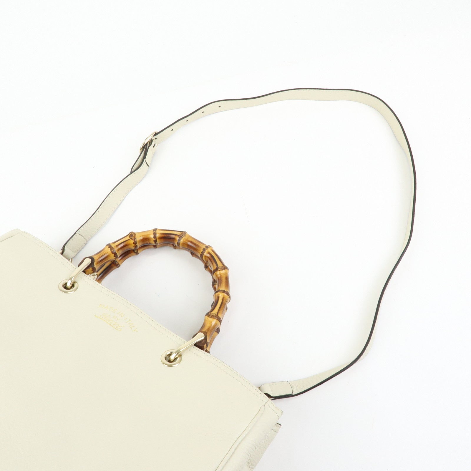 GUCCI Bamboo Shopper Medium Leather 2Way Bag Hand Bag White 323660