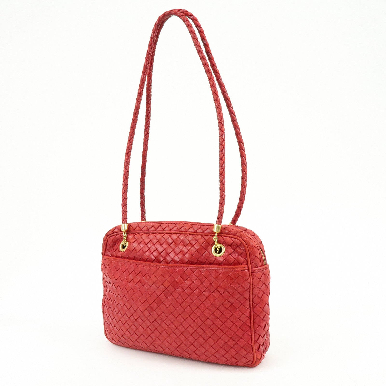 BOTTEGA VENETA Intrecciato Leather Shoulder Bag Tassel Red