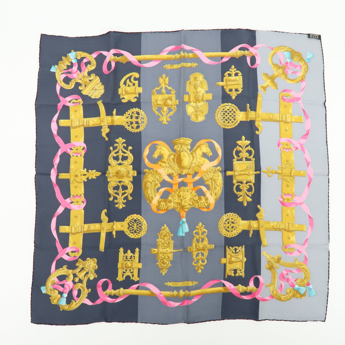 HERMES Carre 70 Silk 100% Scarf FERRONNERIE Gray Gold Pink